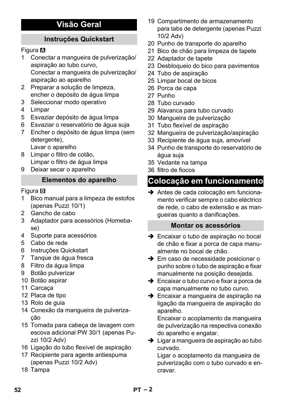 Visão geral, Instruções quickstart, Elementos do aparelho | Colocação em funcionamento, Montar os acessórios | Karcher PUZZI 10-1 User Manual | Page 52 / 216