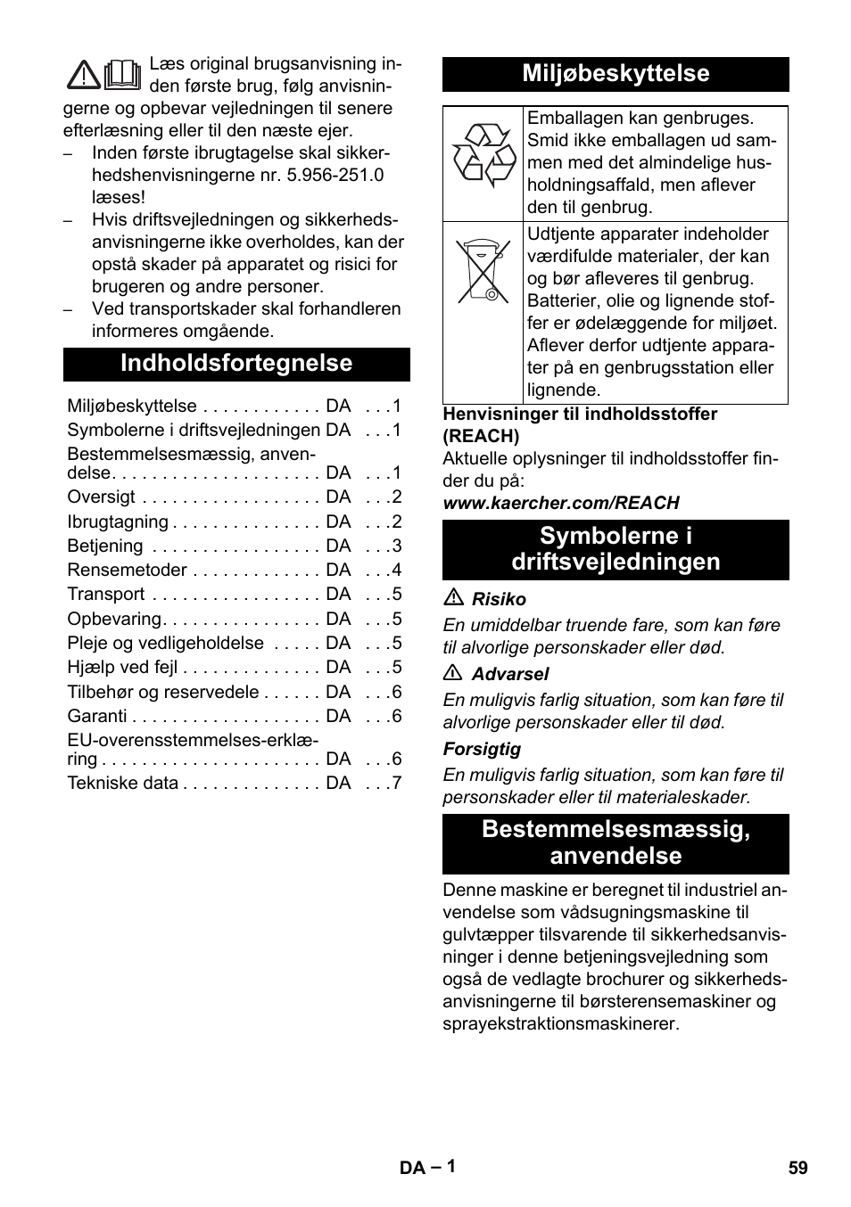Dansk, Indholdsfortegnelse, Miljøbeskyttelse | Symbolerne i driftsvejledningen, Bestemmelsesmæssig‚ anvendelse | Karcher PUZZI 10-1 User Manual | Page 59 / 216
