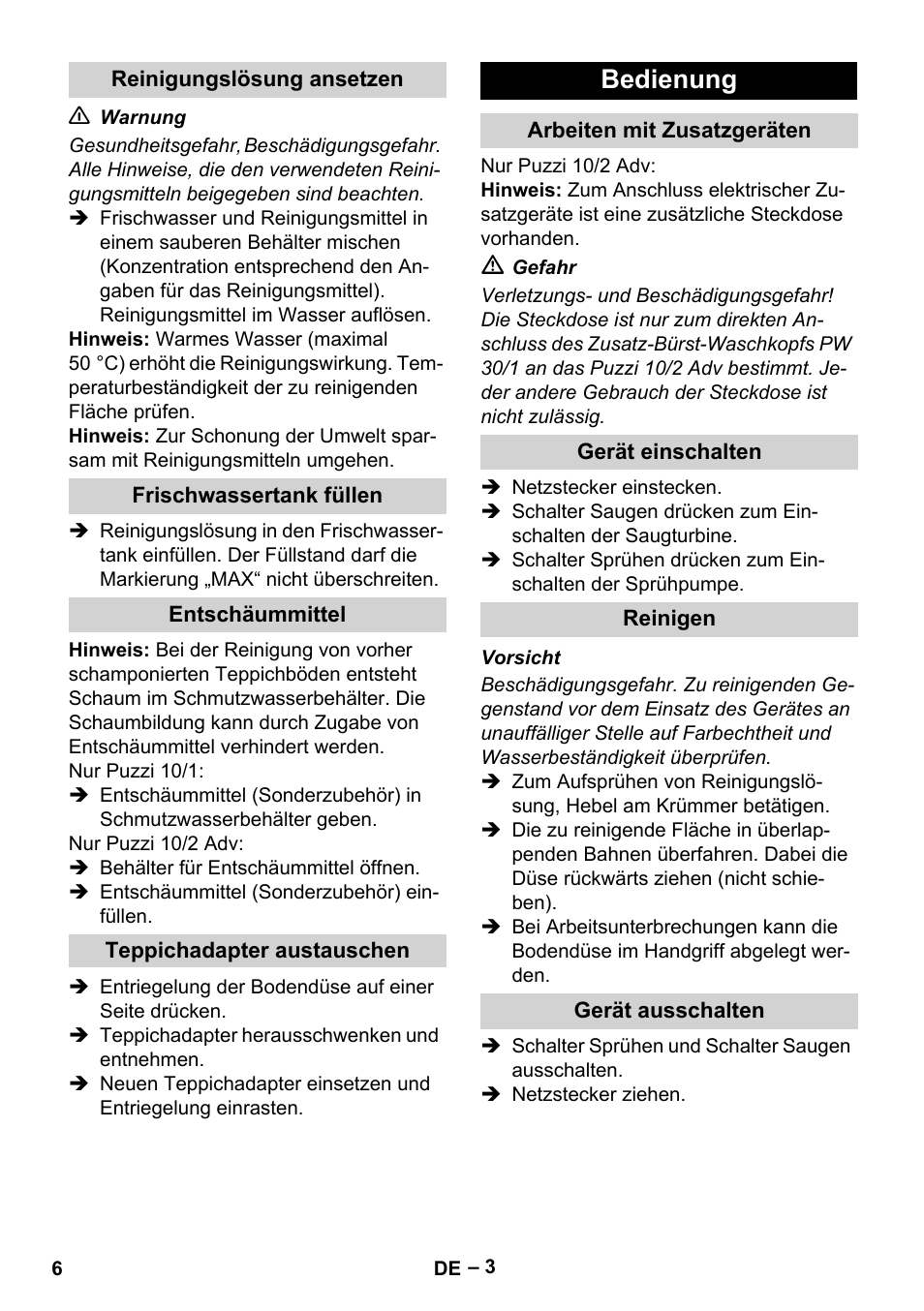 Reinigungslösung ansetzen, Frischwassertank füllen, Entschäummittel | Teppichadapter austauschen, Bedienung, Arbeiten mit zusatzgeräten, Gerät einschalten, Reinigen, Gerät ausschalten | Karcher PUZZI 10-1 User Manual | Page 6 / 216