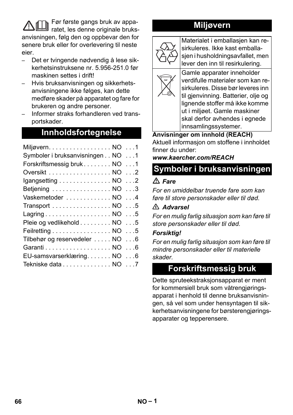 Norsk, Innholdsfortegnelse, Miljøvern | Symboler i bruksanvisningen, Forskriftsmessig bruk, Symboler i bruksanvisningen forskriftsmessig bruk | Karcher PUZZI 10-1 User Manual | Page 66 / 216