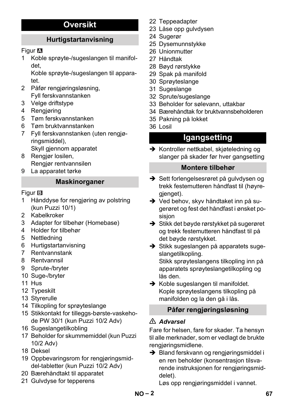 Oversikt, Hurtigstartanvisning, Maskinorganer | Igangsetting, Montere tilbehør, Påfør rengjøringsløsning | Karcher PUZZI 10-1 User Manual | Page 67 / 216