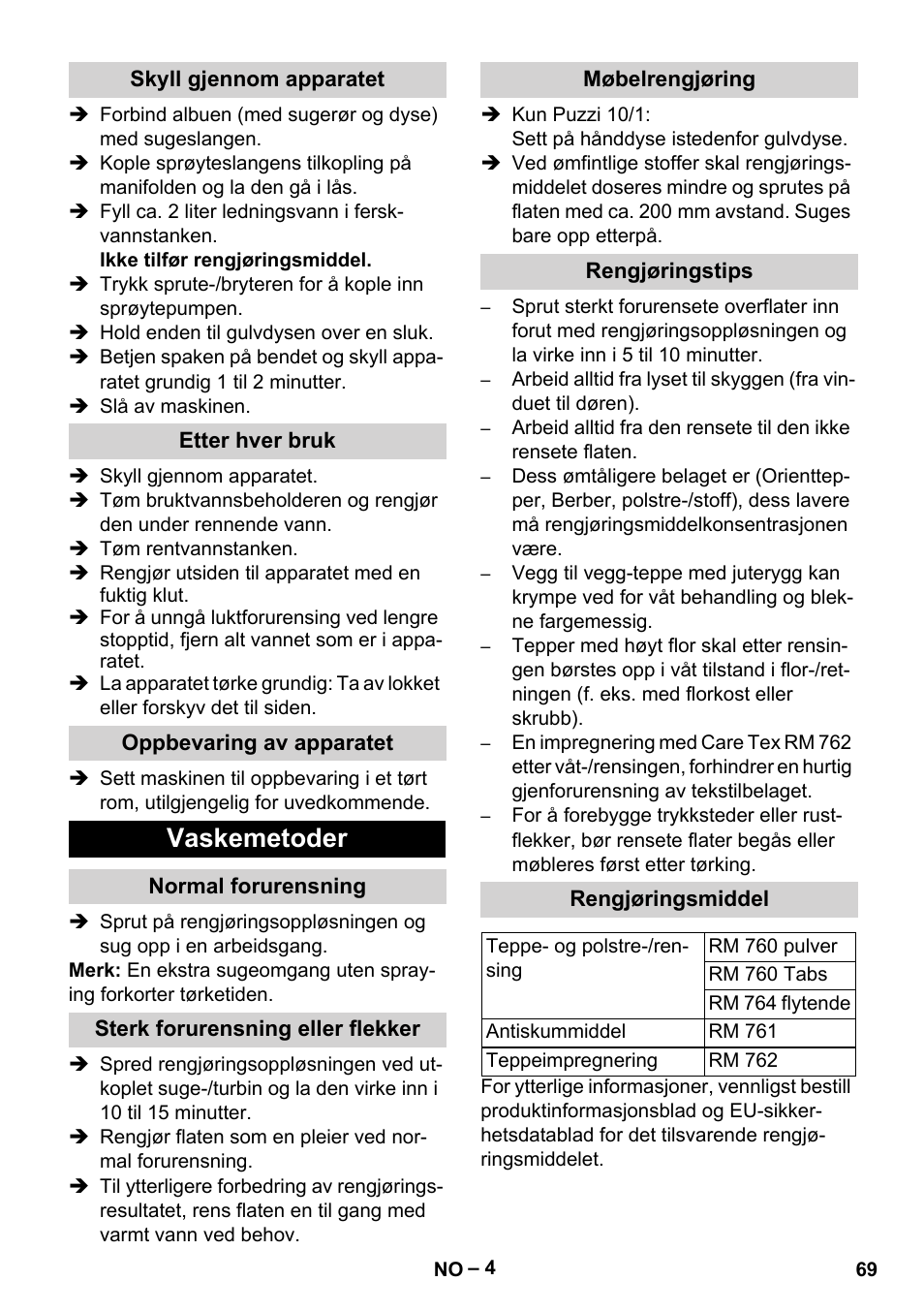 Skyll gjennom apparatet, Etter hver bruk, Oppbevaring av apparatet | Vaskemetoder, Normal forurensning, Sterk forurensning eller flekker, Møbelrengjøring, Rengjøringstips, Rengjøringsmiddel | Karcher PUZZI 10-1 User Manual | Page 69 / 216