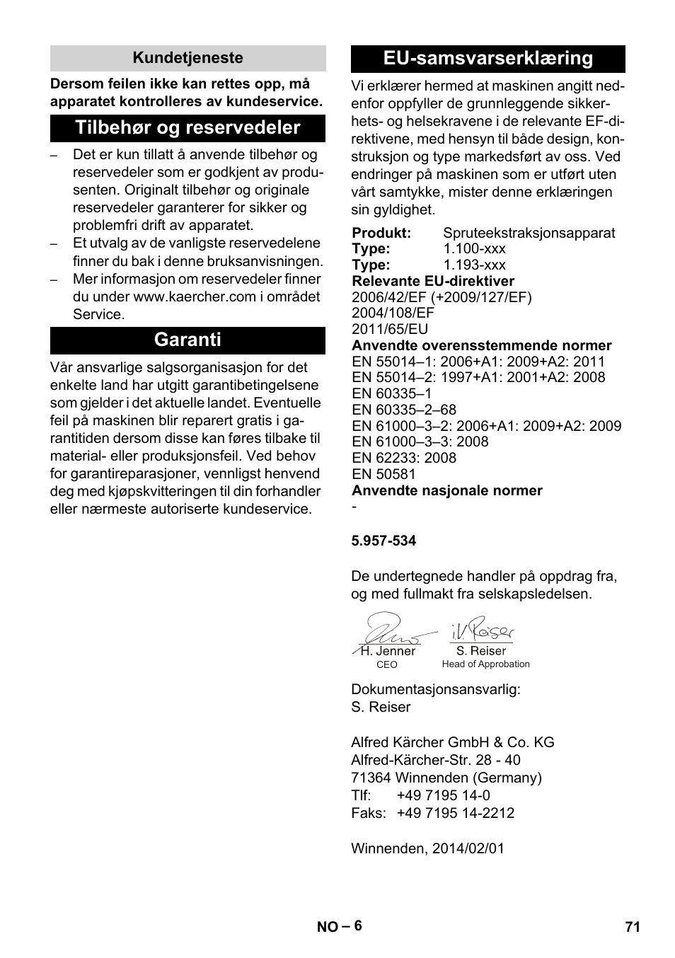 Kundetjeneste, Tilbehør og reservedeler, Garanti | Eu-samsvarserklæring | Karcher PUZZI 10-1 User Manual | Page 71 / 216