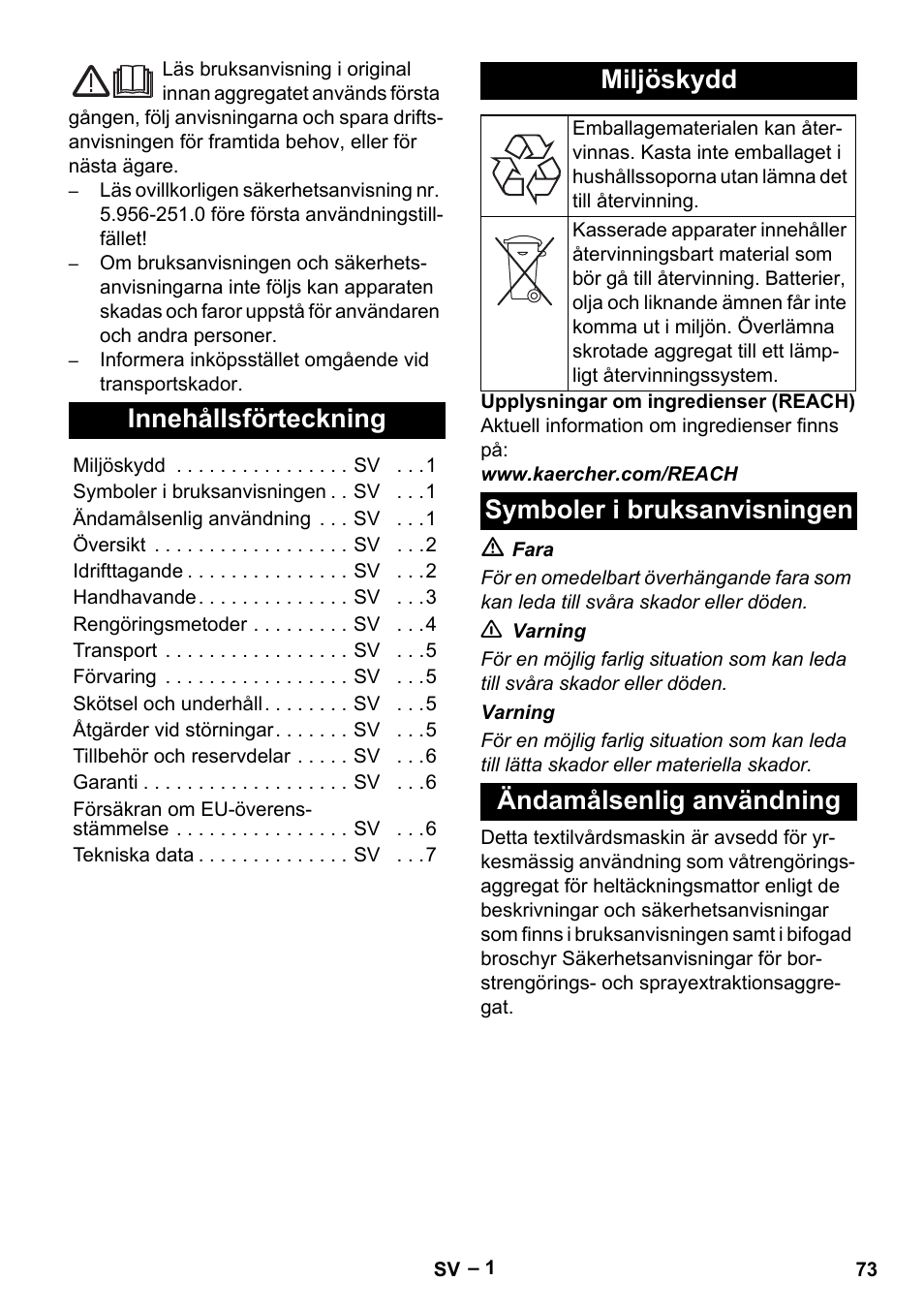 Svenska, Innehållsförteckning, Miljöskydd | Symboler i bruksanvisningen, Ändamålsenlig användning | Karcher PUZZI 10-1 User Manual | Page 73 / 216