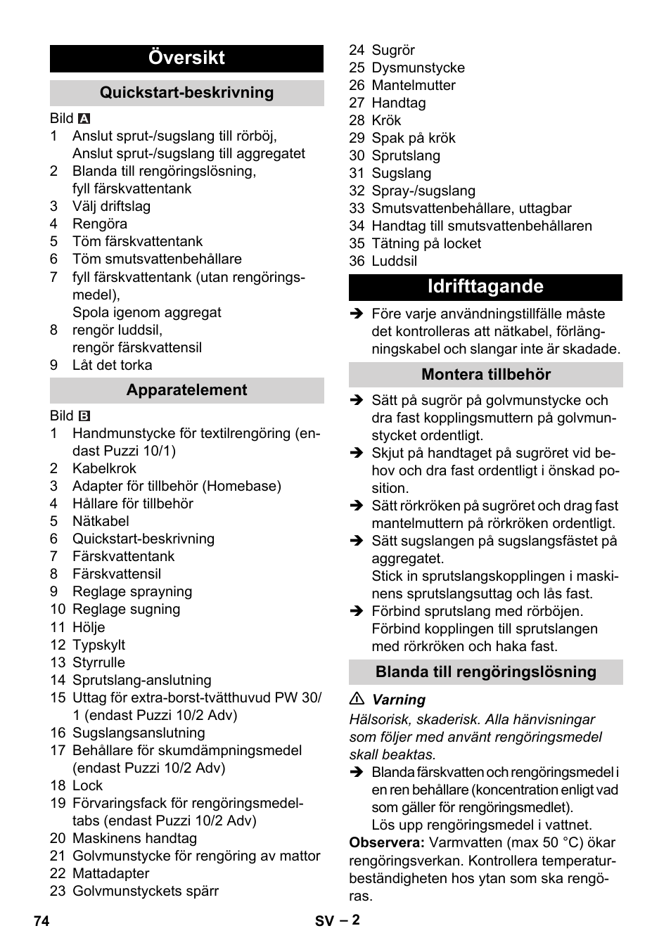 Översikt, Quickstart-beskrivning, Apparatelement | Idrifttagande, Montera tillbehör, Blanda till rengöringslösning | Karcher PUZZI 10-1 User Manual | Page 74 / 216