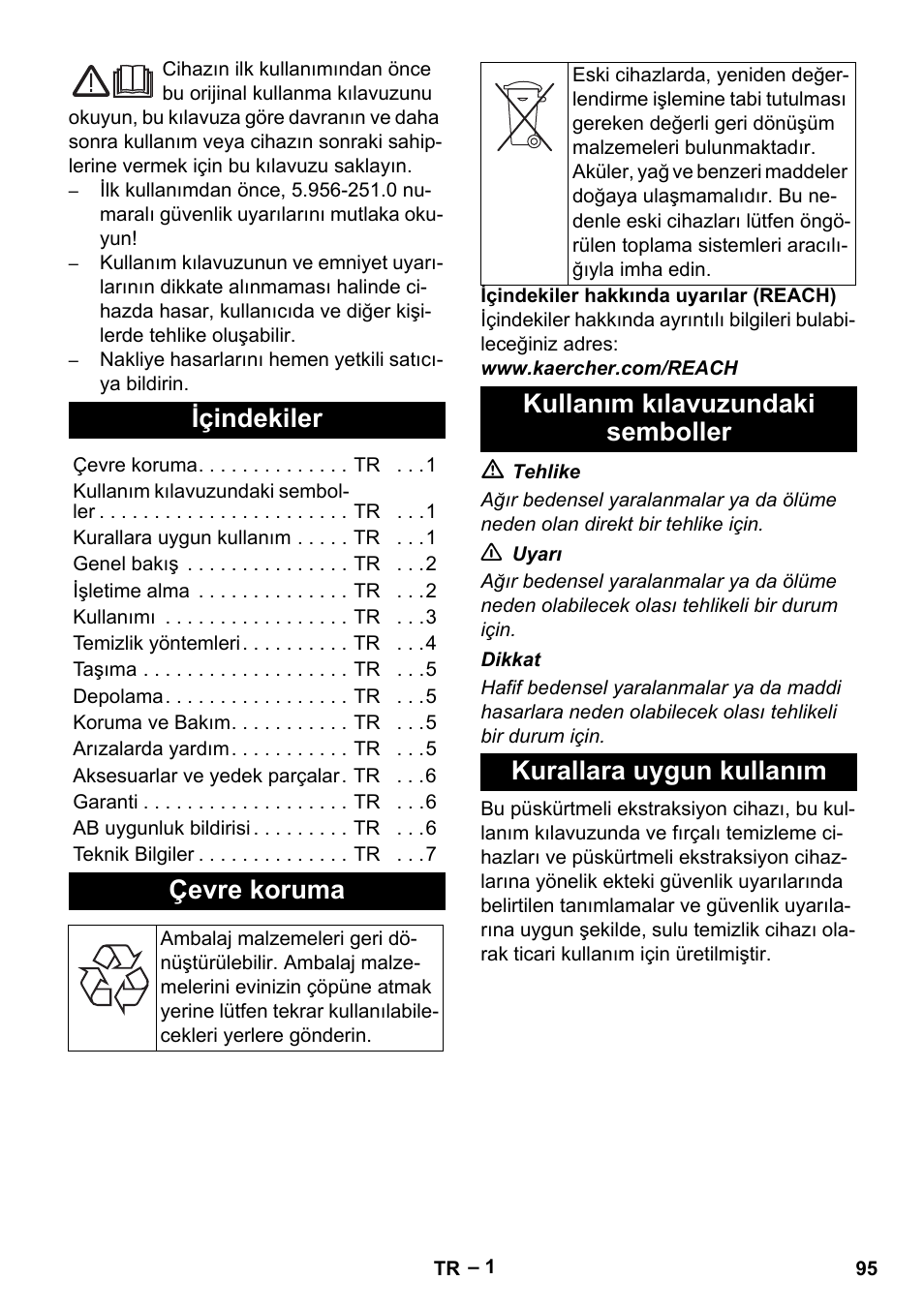 Türkçe, Içindekiler, Çevre koruma | Kullanım kılavuzundaki semboller, Kurallara uygun kullanım | Karcher PUZZI 10-1 User Manual | Page 95 / 216