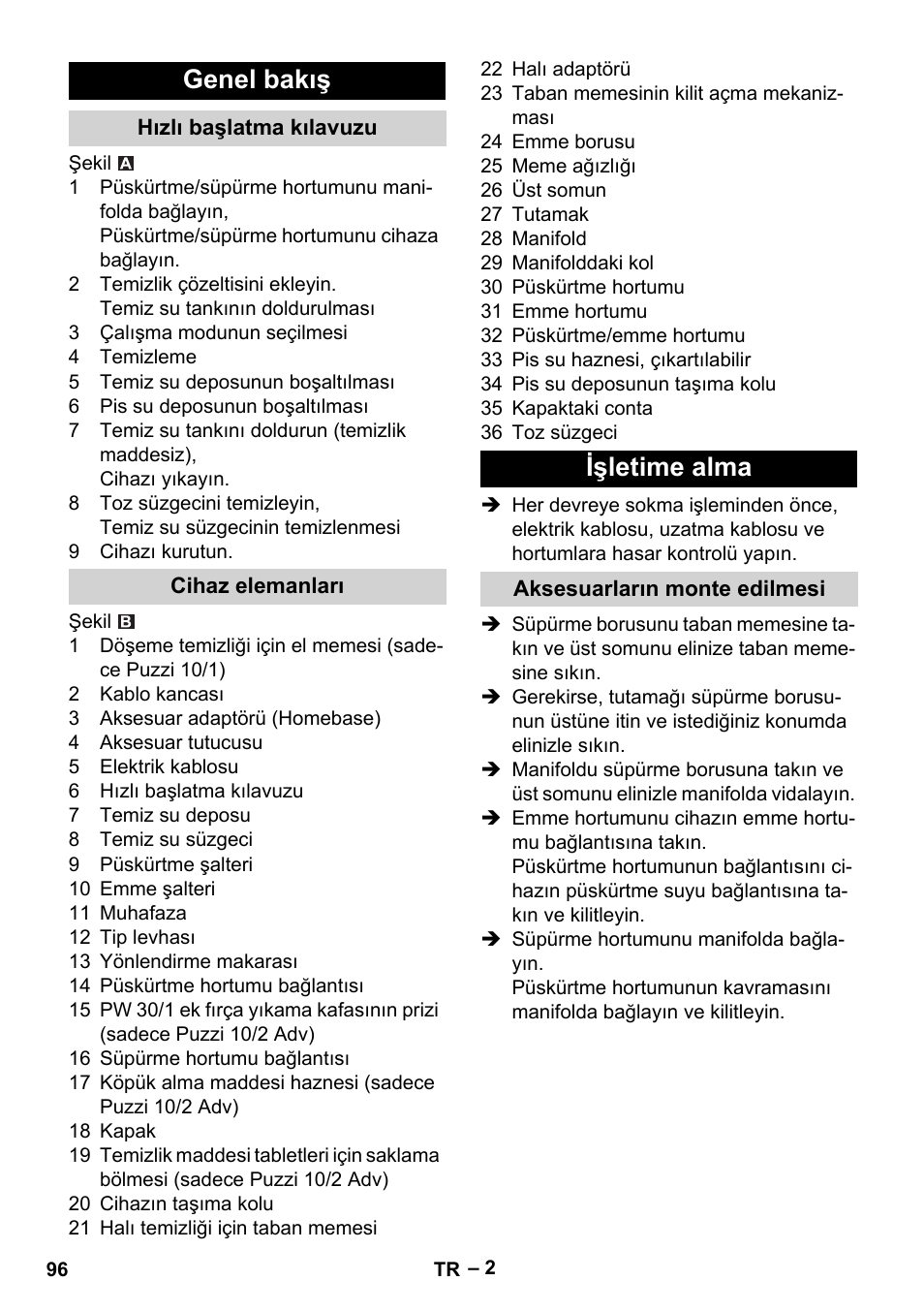 Genel bakış, Hızlı başlatma kılavuzu, Cihaz elemanları | Işletime alma, Aksesuarların monte edilmesi | Karcher PUZZI 10-1 User Manual | Page 96 / 216