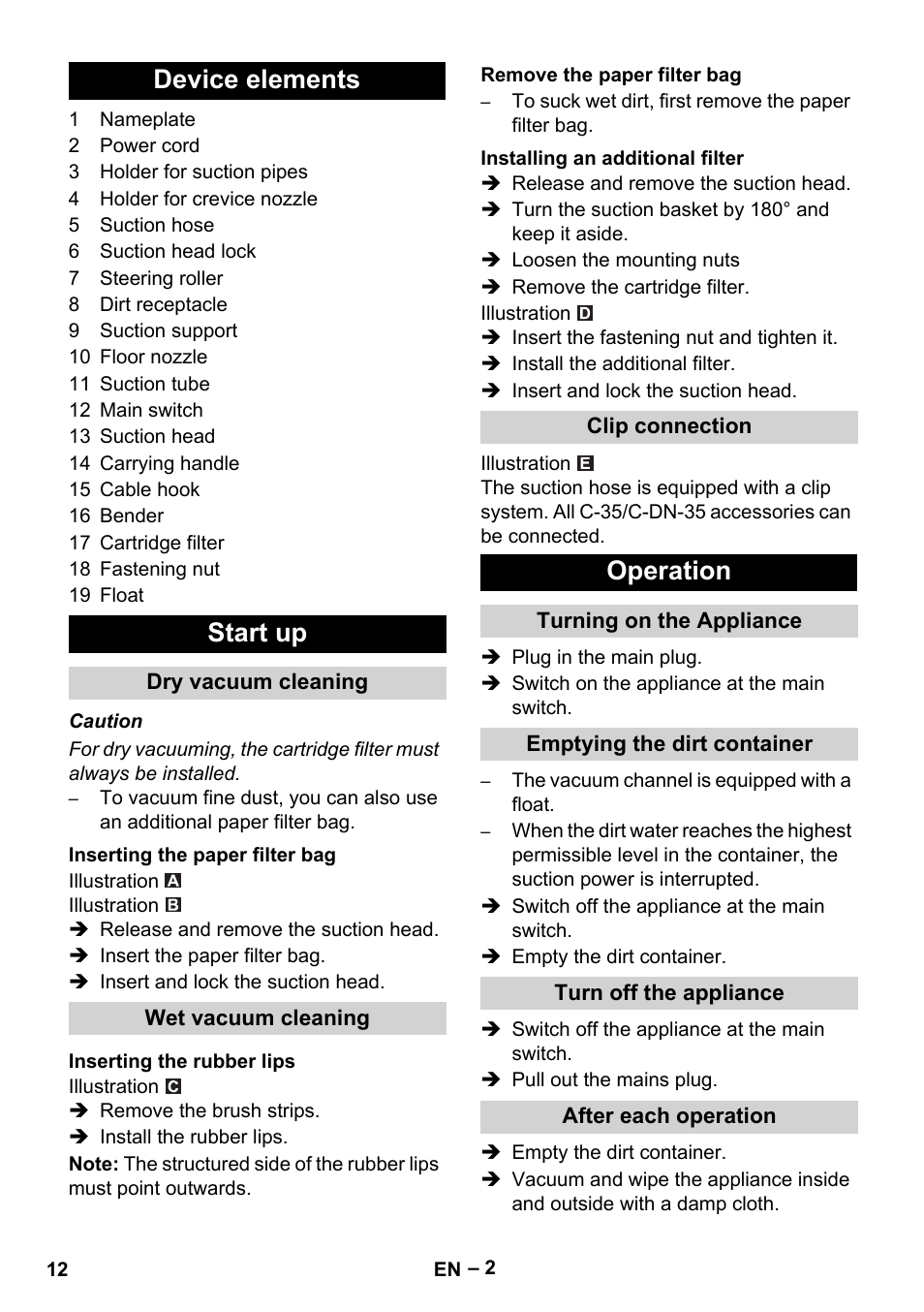 Device elements, Start up, Dry vacuum cleaning | Inserting the paper filter bag, Wet vacuum cleaning, Inserting the rubber lips, Remove the paper filter bag, Installing an additional filter, Clip connection, Operation | Karcher NT 27-1 Me Adv User Manual | Page 12 / 148