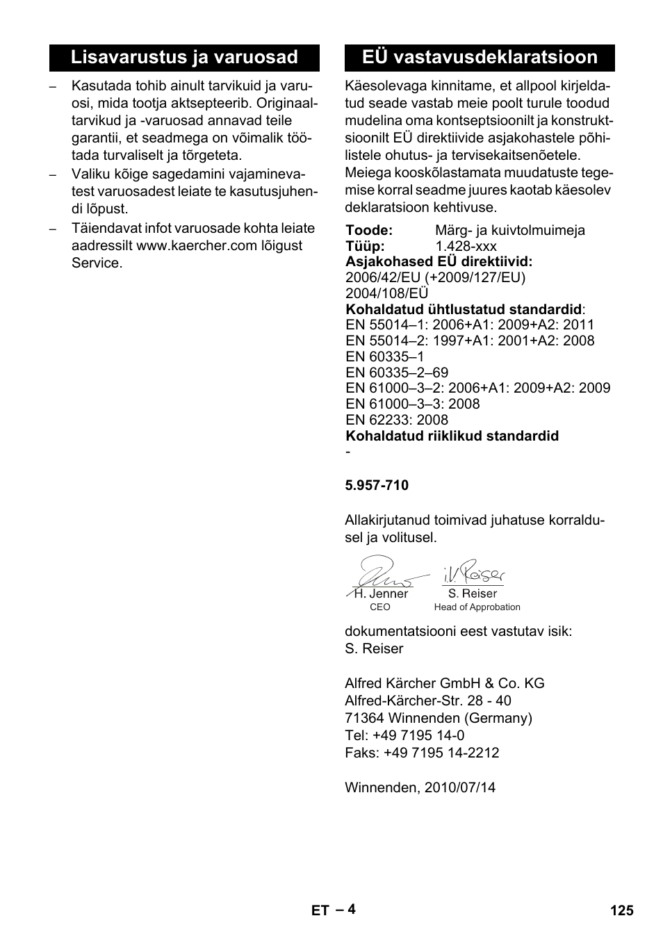 Lisavarustus ja varuosad, Eü vastavusdeklaratsioon, Lisavarustus ja varuosad eü vastavusdeklaratsioon | Karcher NT 27-1 Me Adv User Manual | Page 125 / 148