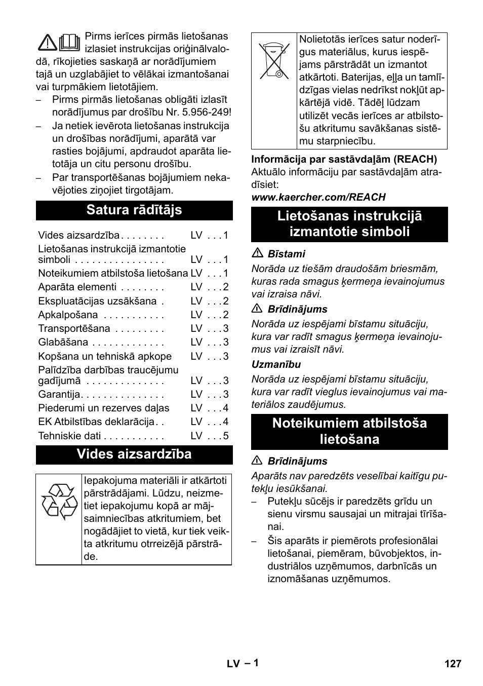 Latviešu, Satura rādītājs, Vides aizsardzība | Lietošanas instrukcijā izmantotie simboli, Noteikumiem atbilstoša lietošana | Karcher NT 27-1 Me Adv User Manual | Page 127 / 148