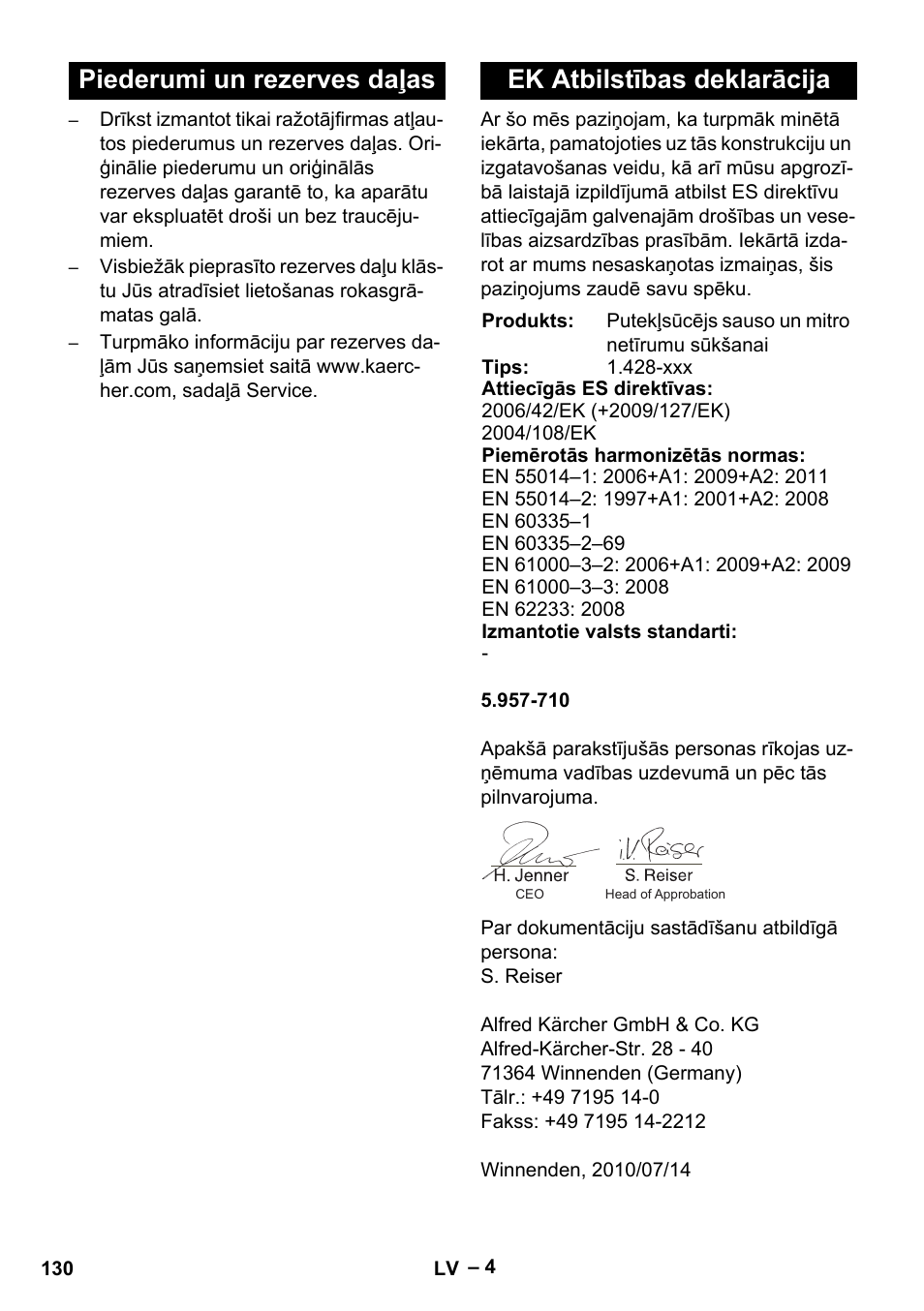 Piederumi un rezerves daļas, Ek atbilstības deklarācija | Karcher NT 27-1 Me Adv User Manual | Page 130 / 148