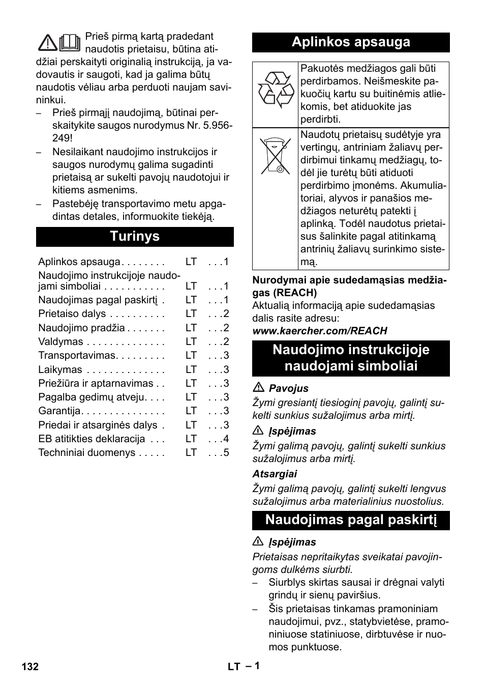 Lietuviškai, Turinys, Aplinkos apsauga | Naudojimo instrukcijoje naudojami simboliai, Naudojimas pagal paskirtį | Karcher NT 27-1 Me Adv User Manual | Page 132 / 148