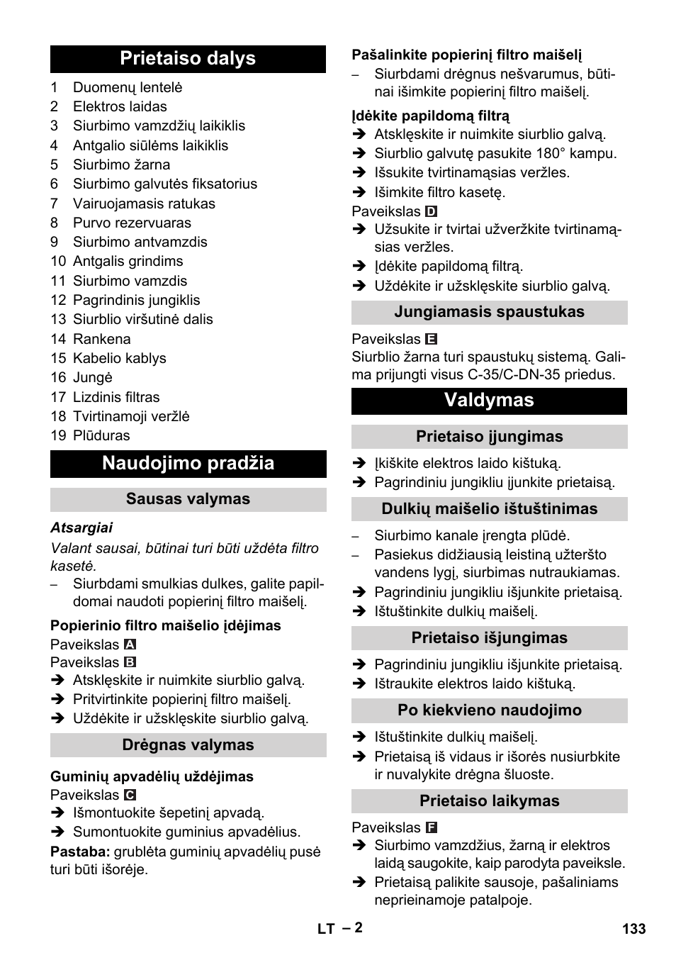 Prietaiso dalys, Naudojimo pradžia, Sausas valymas | Popierinio filtro maišelio įdėjimas, Drėgnas valymas, Guminių apvadėlių uždėjimas, Pašalinkite popierinį filtro maišelį, Įdėkite papildomą filtrą, Jungiamasis spaustukas, Valdymas | Karcher NT 27-1 Me Adv User Manual | Page 133 / 148