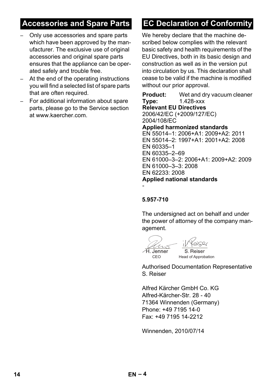 Accessories and spare parts, Ec declaration of conformity | Karcher NT 27-1 Me Adv User Manual | Page 14 / 148