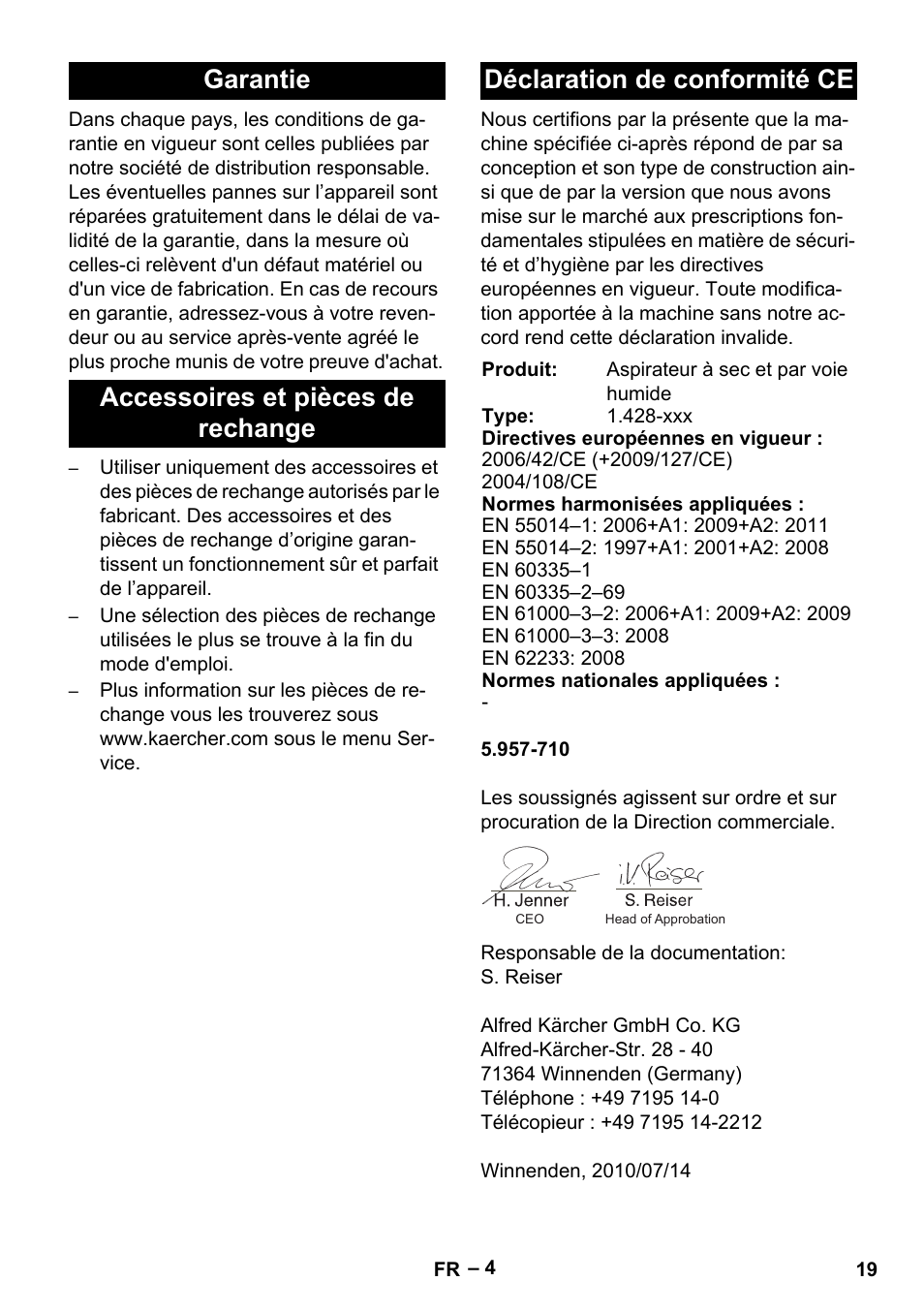 Garantie, Accessoires et pièces de rechange, Déclaration de conformité ce | Karcher NT 27-1 Me Adv User Manual | Page 19 / 148