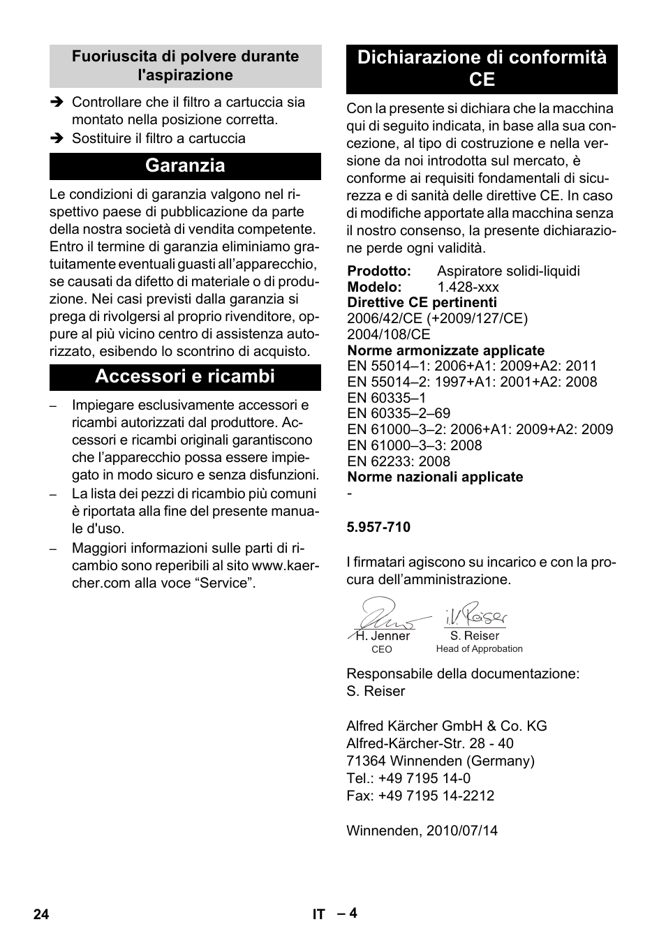 Fuoriuscita di polvere durante l'aspirazione, Garanzia, Accessori e ricambi | Dichiarazione di conformità ce | Karcher NT 27-1 Me Adv User Manual | Page 24 / 148