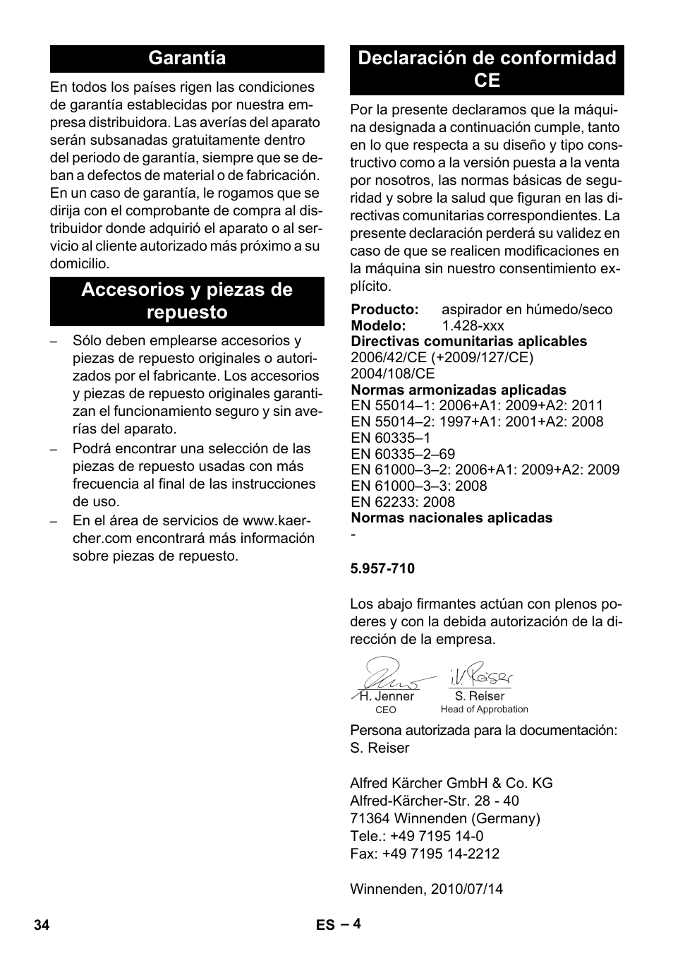 Garantía, Accesorios y piezas de repuesto, Declaración de conformidad ce | Karcher NT 27-1 Me Adv User Manual | Page 34 / 148