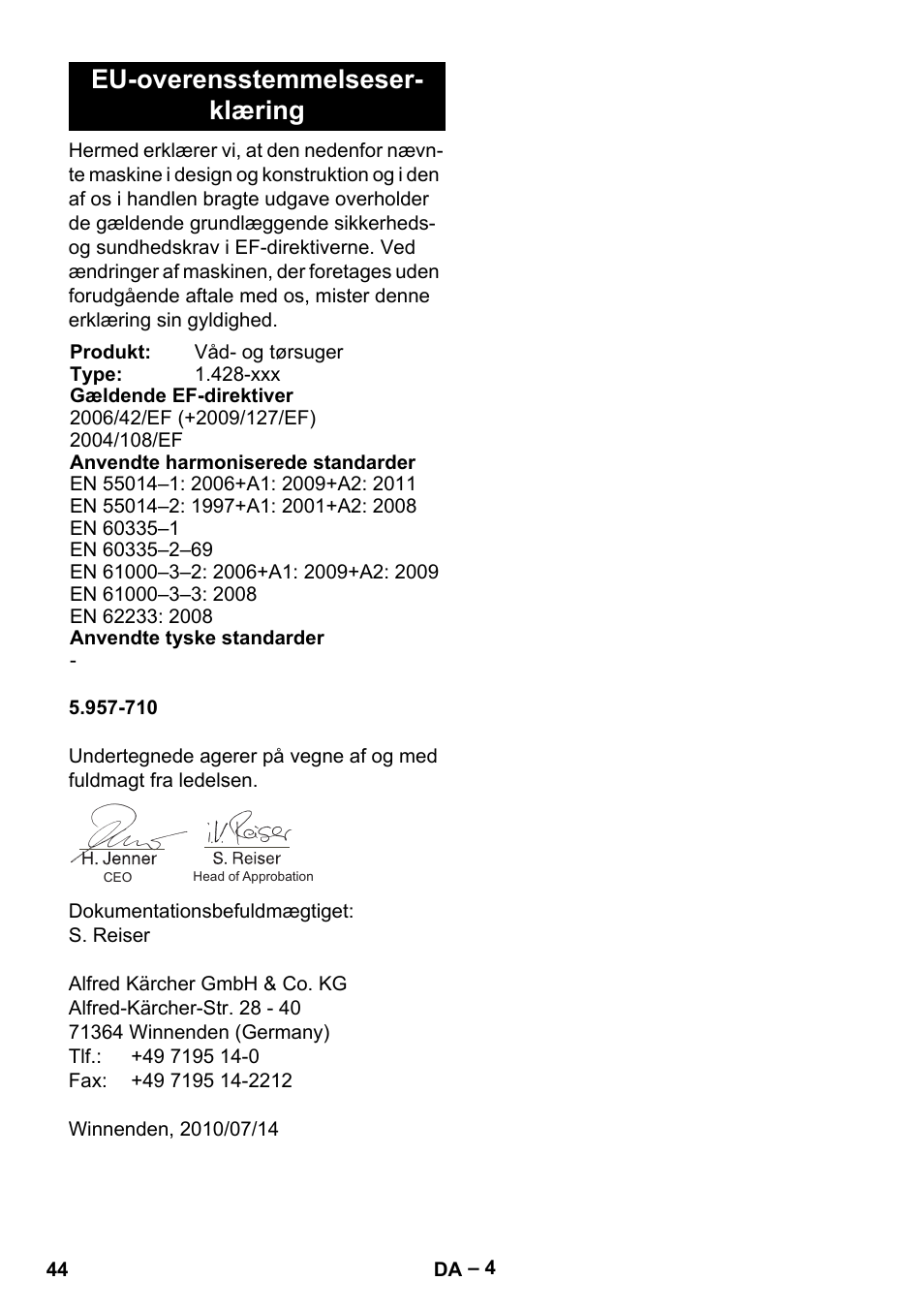 Eu-overensstemmelseserklæring, Eu-overensstemmelseser- klæring | Karcher NT 27-1 Me Adv User Manual | Page 44 / 148