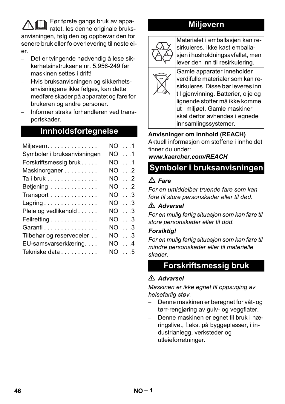 Norsk, Innholdsfortegnelse, Miljøvern | Symboler i bruksanvisningen, Forskriftsmessig bruk, Symboler i bruksanvisningen forskriftsmessig bruk | Karcher NT 27-1 Me Adv User Manual | Page 46 / 148