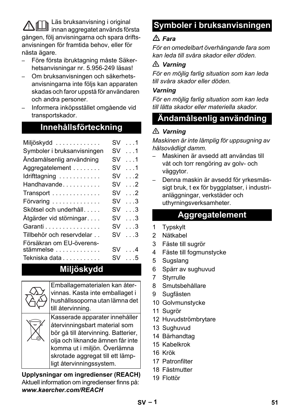 Svenska, Innehållsförteckning, Miljöskydd | Symboler i bruksanvisningen, Ändamålsenlig användning, Aggregatelement | Karcher NT 27-1 Me Adv User Manual | Page 51 / 148