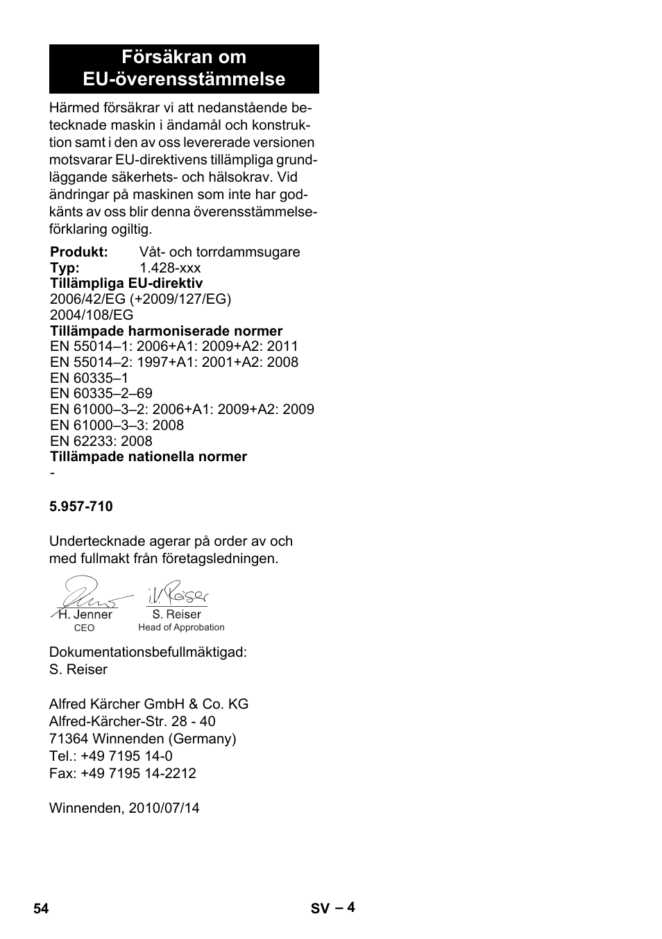 Försäkran om eu-överensstämmelse | Karcher NT 27-1 Me Adv User Manual | Page 54 / 148