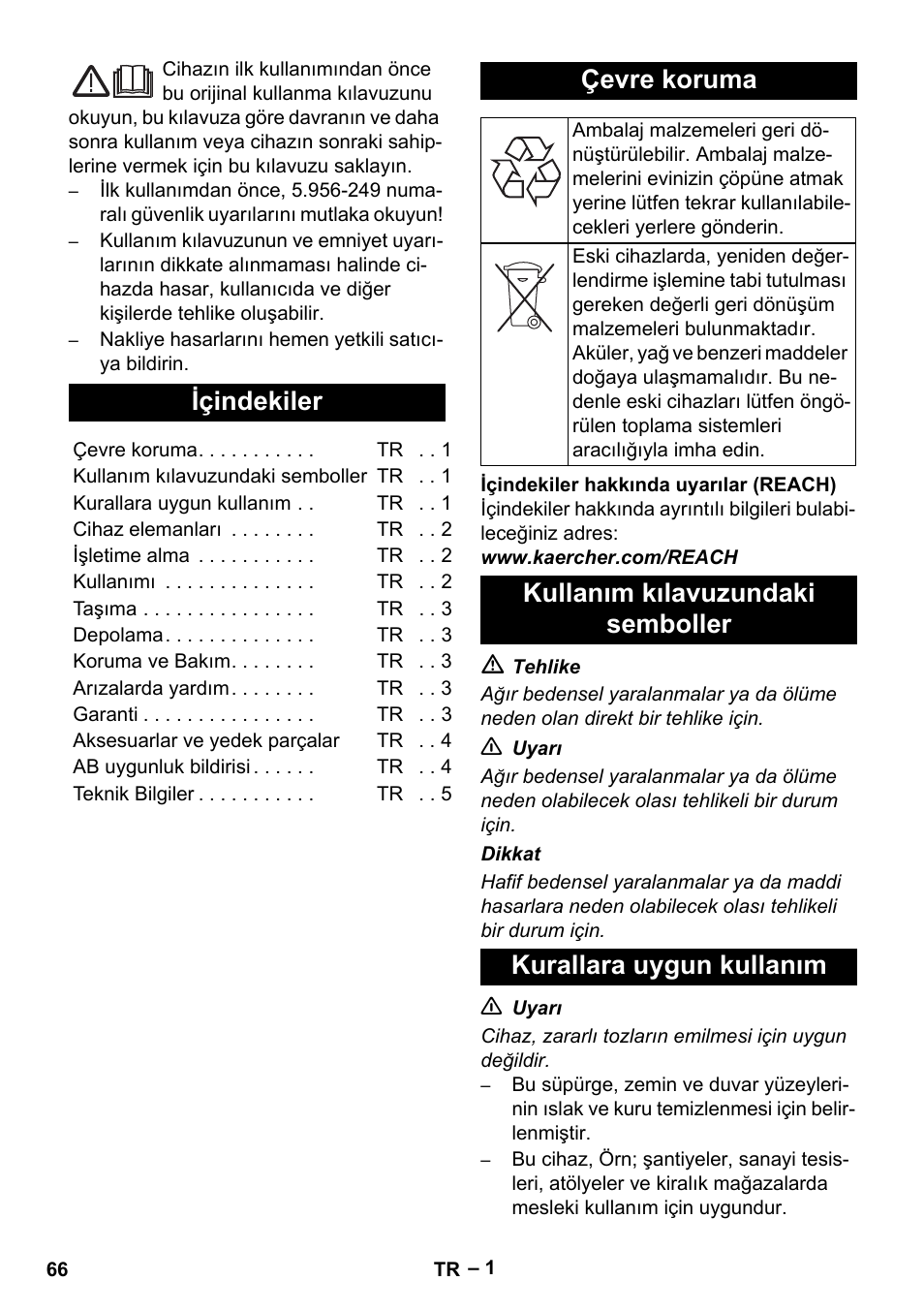 Türkçe, Içindekiler, Çevre koruma | Kullanım kılavuzundaki semboller, Kurallara uygun kullanım | Karcher NT 27-1 Me Adv User Manual | Page 66 / 148