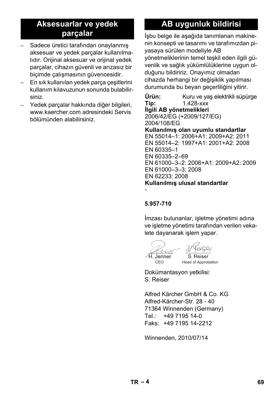 Aksesuarlar ve yedek parçalar, Ab uygunluk bildirisi | Karcher NT 27-1 Me Adv User Manual | Page 69 / 148