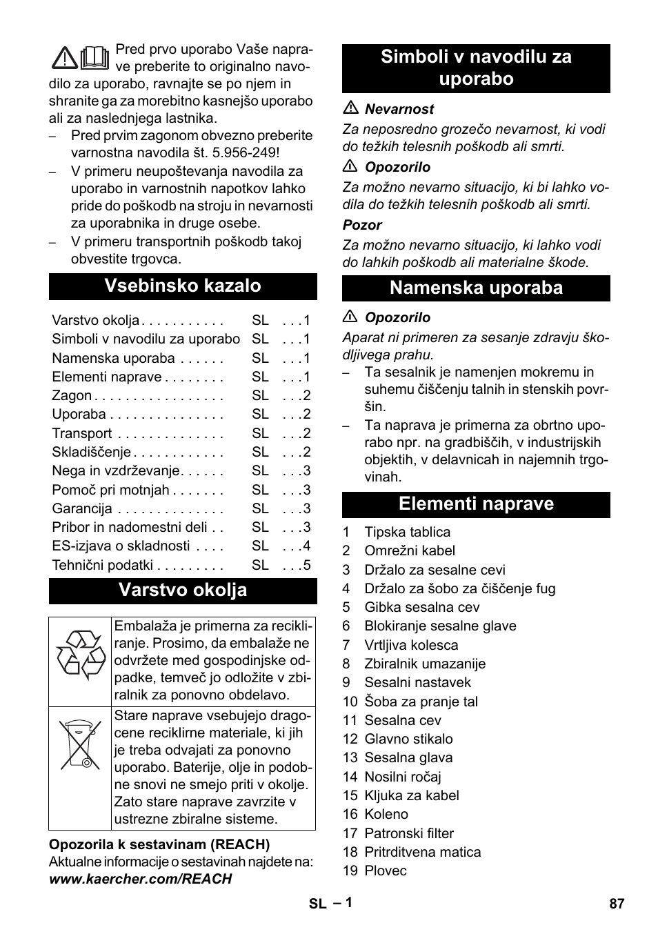 Slovenščina, Vsebinsko kazalo, Varstvo okolja | Simboli v navodilu za uporabo, Namenska uporaba, Elementi naprave | Karcher NT 27-1 Me Adv User Manual | Page 87 / 148