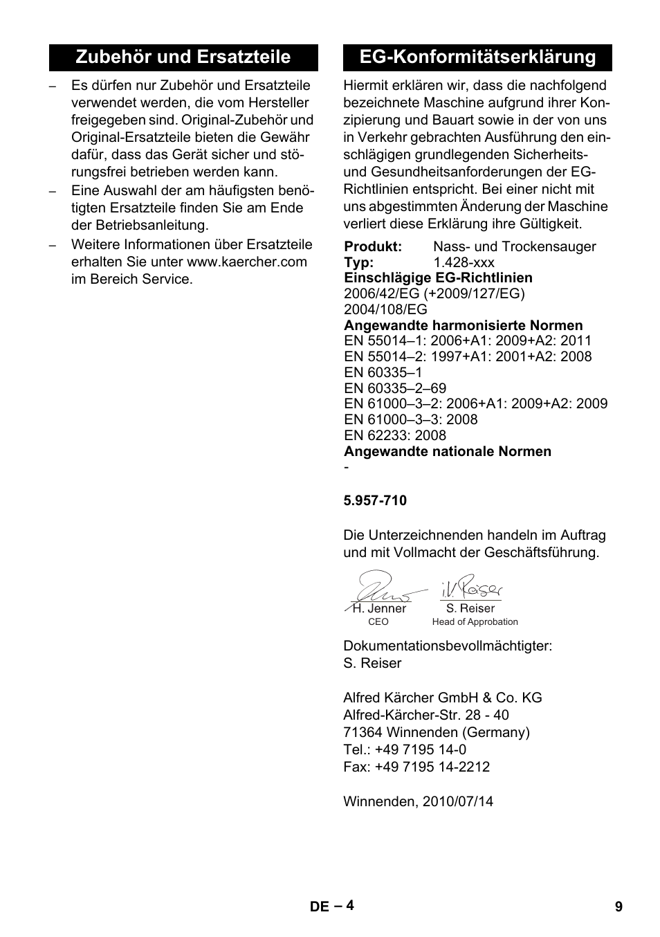 Zubehör und ersatzteile, Eg-konformitätserklärung, Zubehör und ersatzteile eg-konformitätserklärung | Karcher NT 27-1 Me Adv User Manual | Page 9 / 148