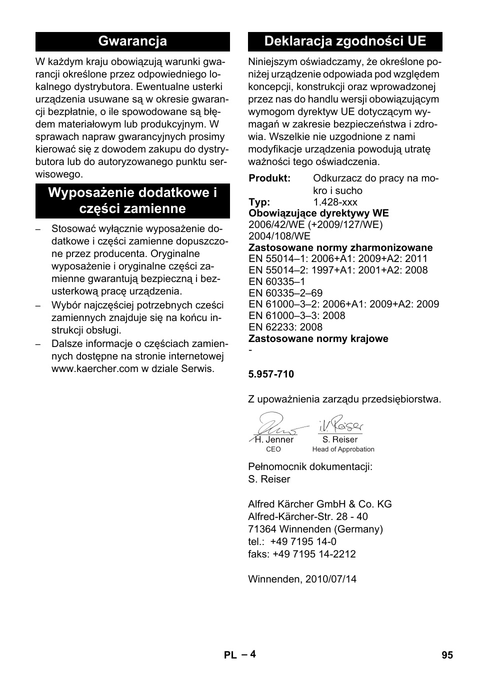 Gwarancja, Wyposażenie dodatkowe i części zamienne, Deklaracja zgodności ue | Karcher NT 27-1 Me Adv User Manual | Page 95 / 148