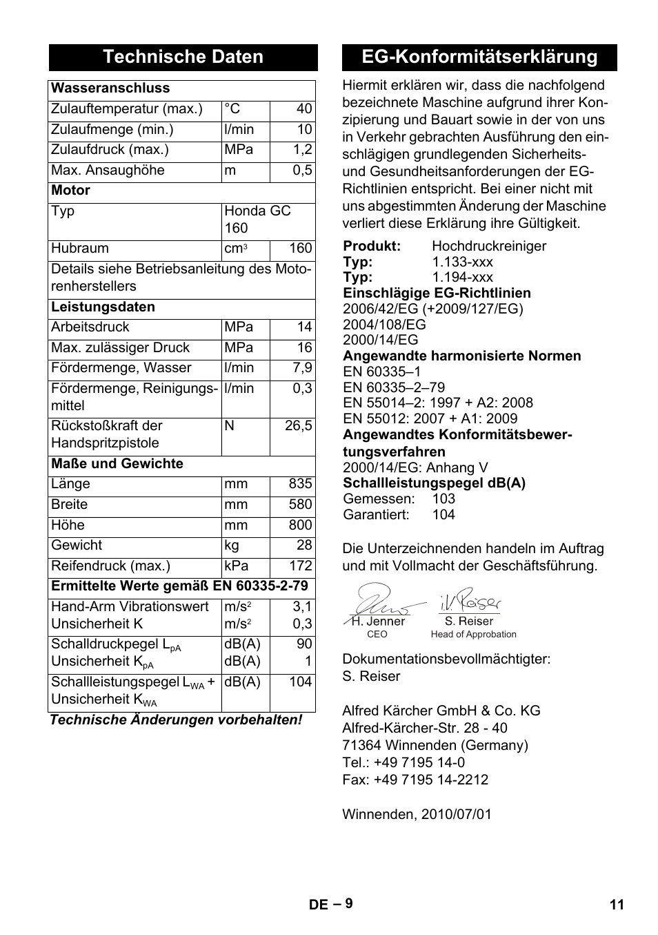 Technische daten, Eg-konformitätserklärung | Karcher G 7-10 M User Manual | Page 11 / 248