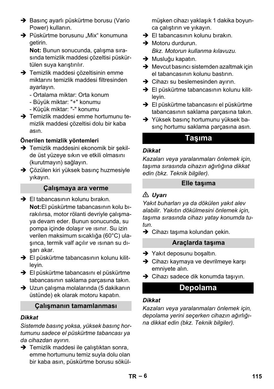 Taşıma, Depolama | Karcher G 7-10 M User Manual | Page 115 / 248