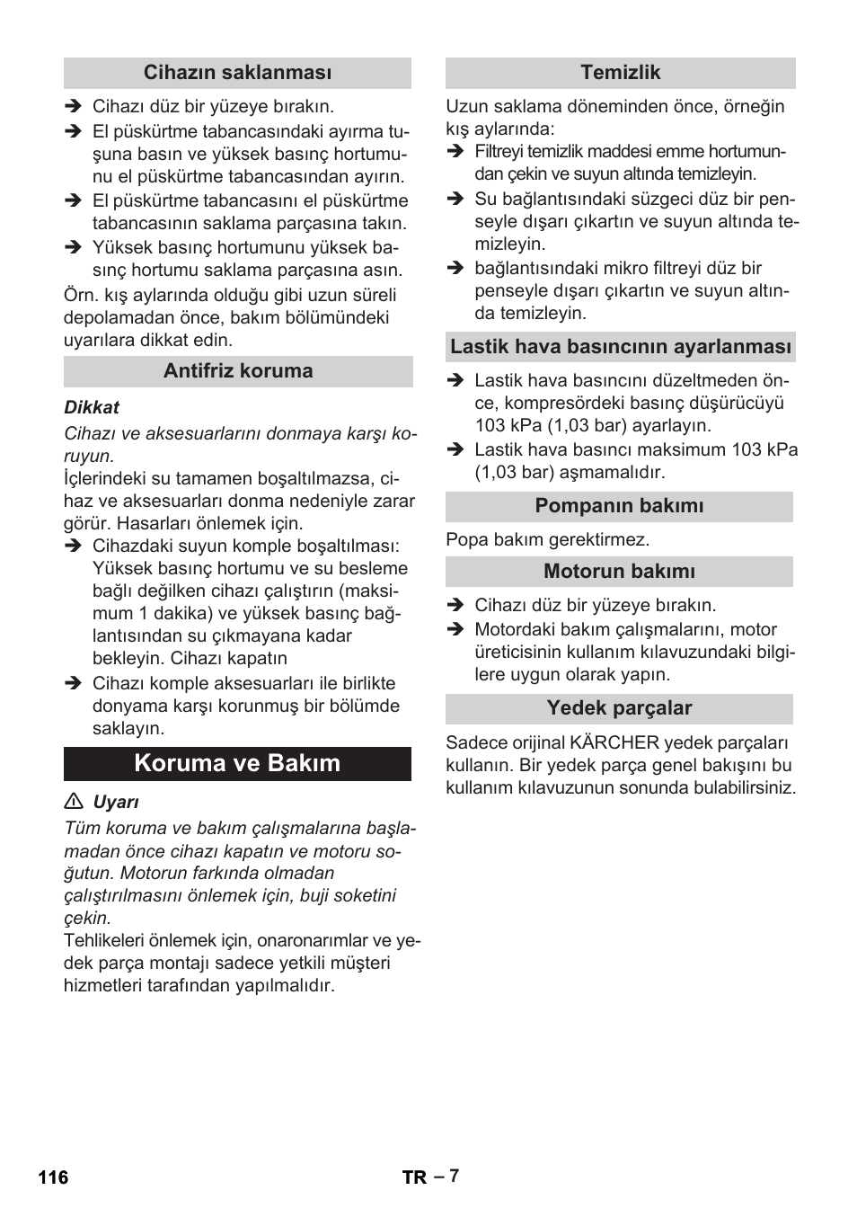 Koruma ve bakım | Karcher G 7-10 M User Manual | Page 116 / 248