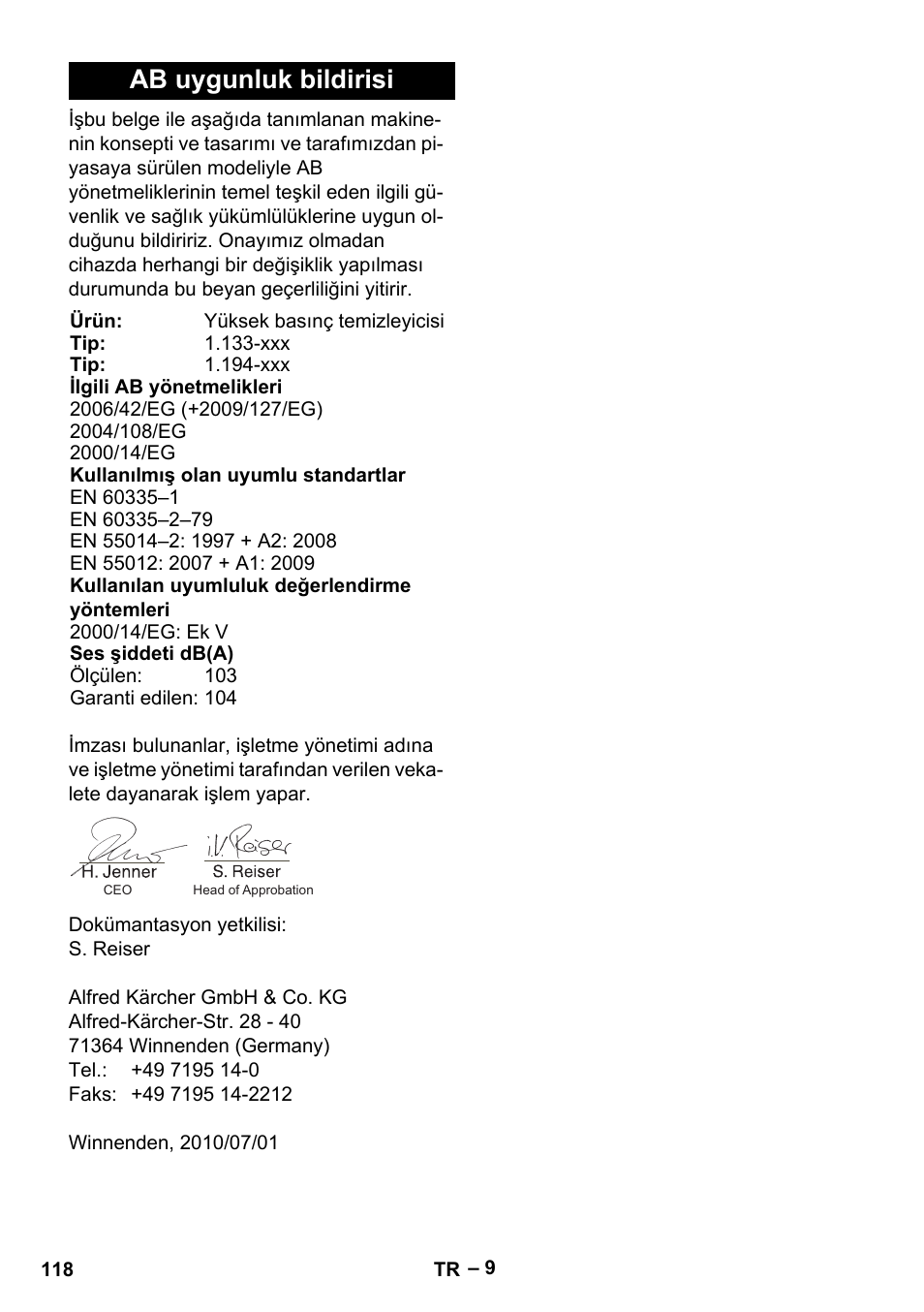 Ab uygunluk bildirisi | Karcher G 7-10 M User Manual | Page 118 / 248