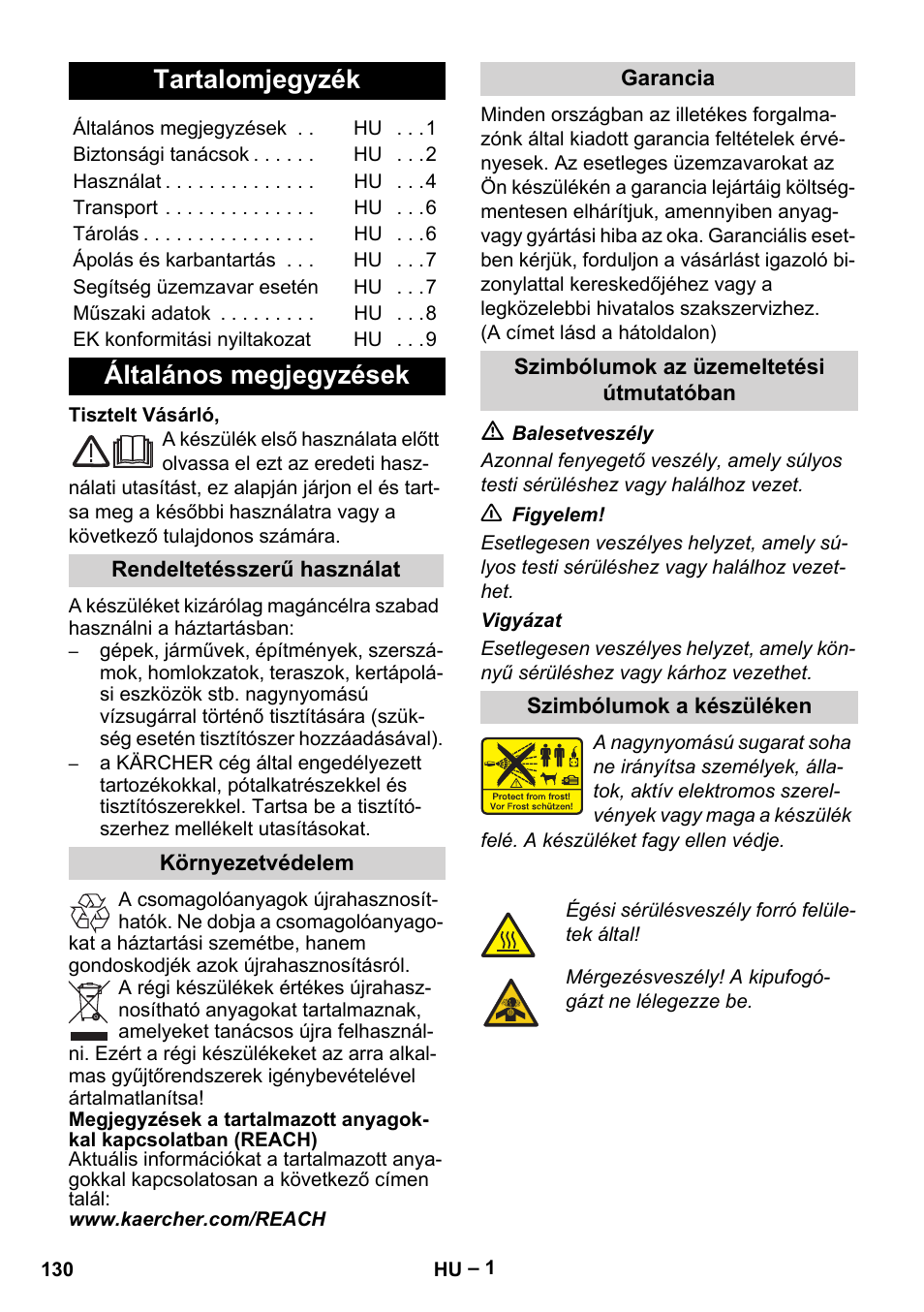 Magyar, Tartalomjegyzék, Általános megjegyzések | Karcher G 7-10 M User Manual | Page 130 / 248