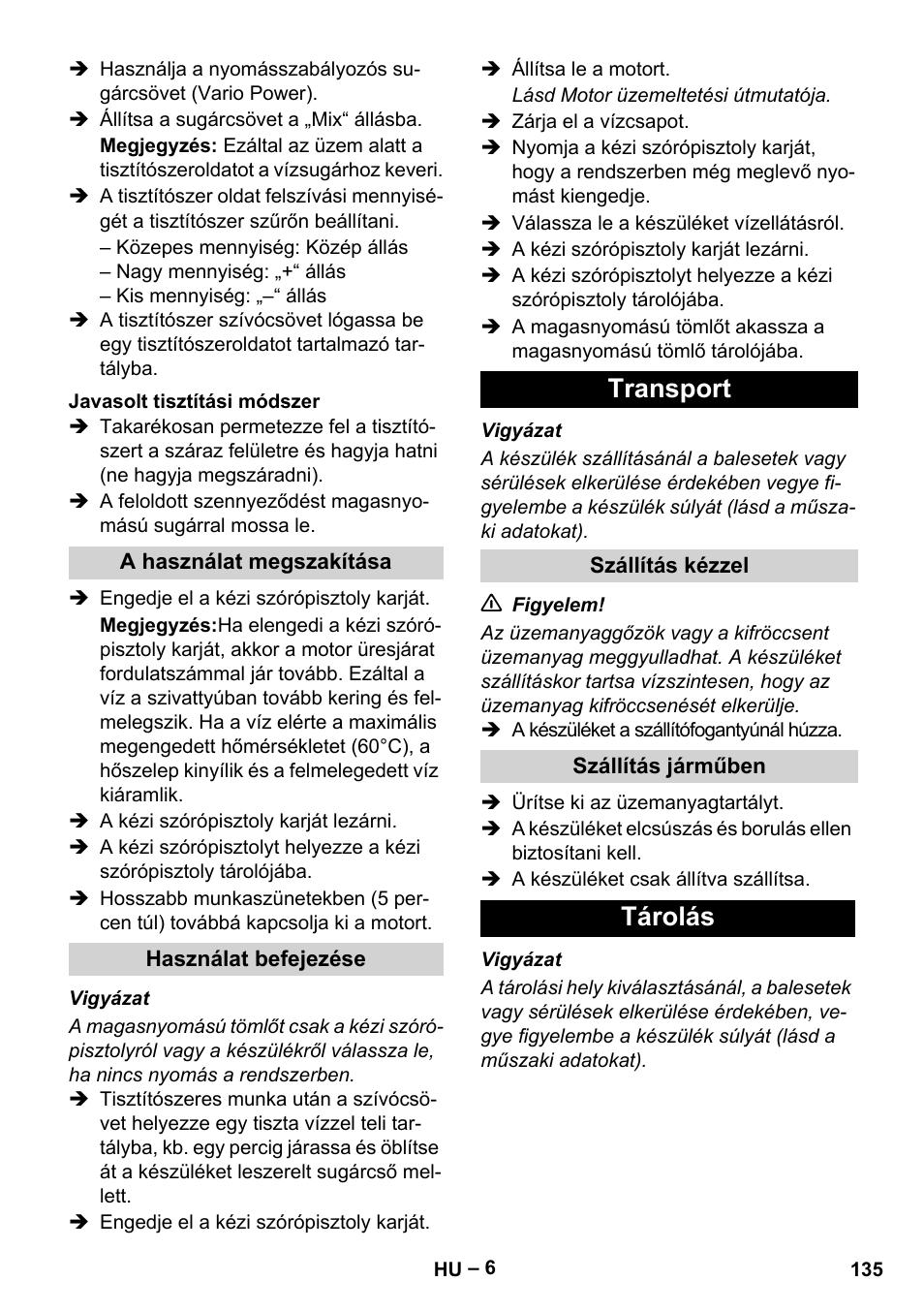 Transport, Tárolás | Karcher G 7-10 M User Manual | Page 135 / 248