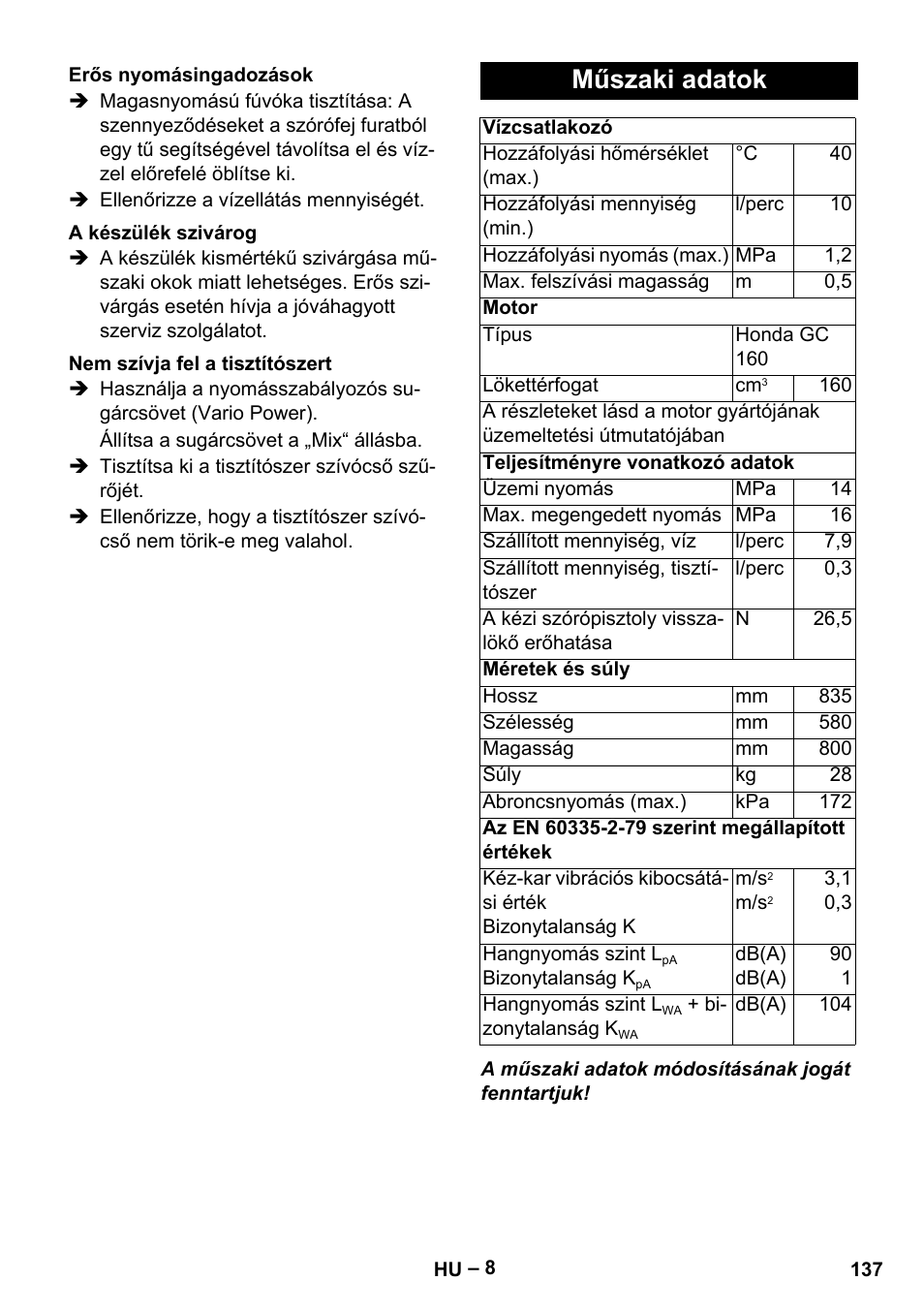 Műszaki adatok | Karcher G 7-10 M User Manual | Page 137 / 248