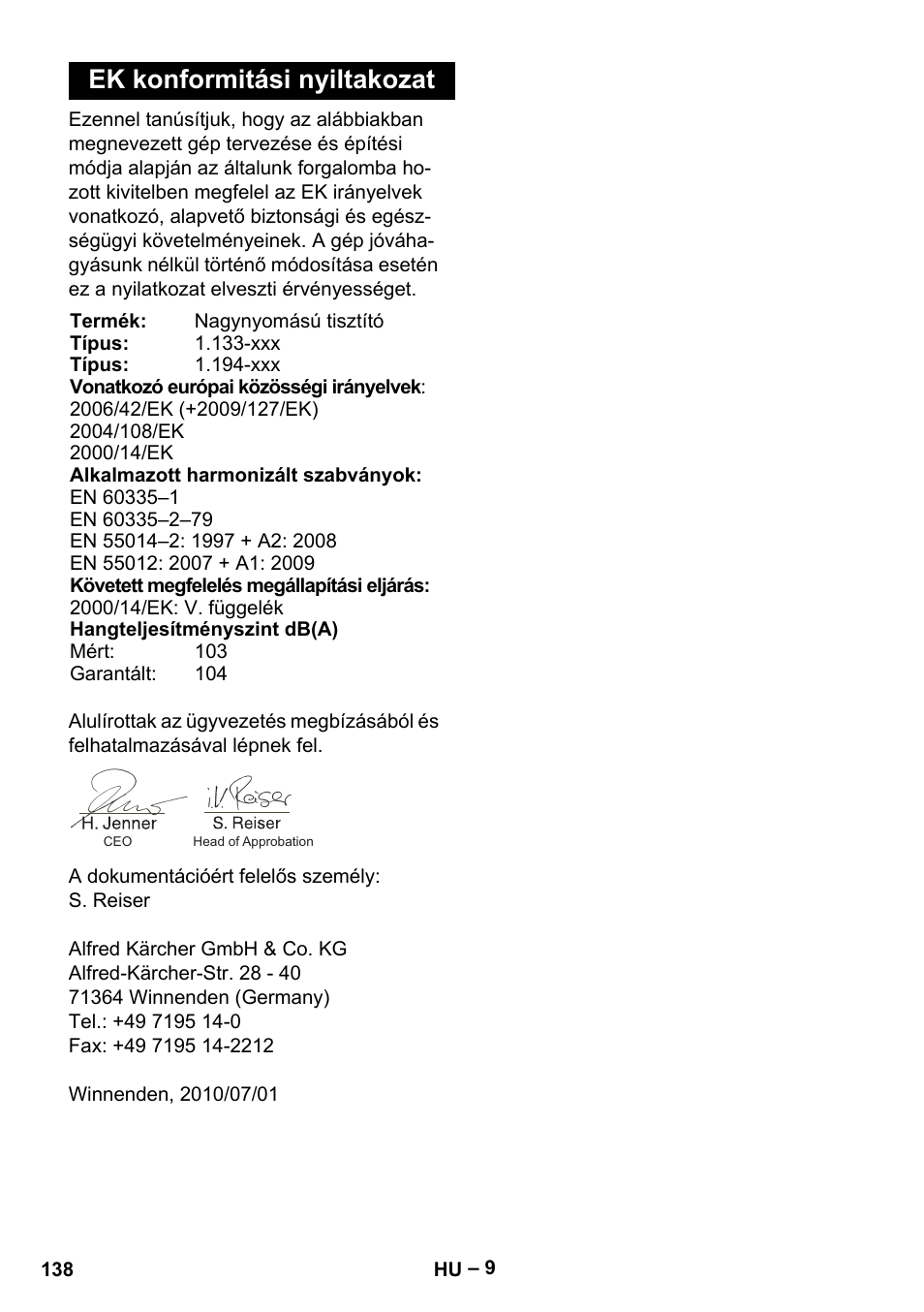 Ek konformitási nyiltakozat | Karcher G 7-10 M User Manual | Page 138 / 248