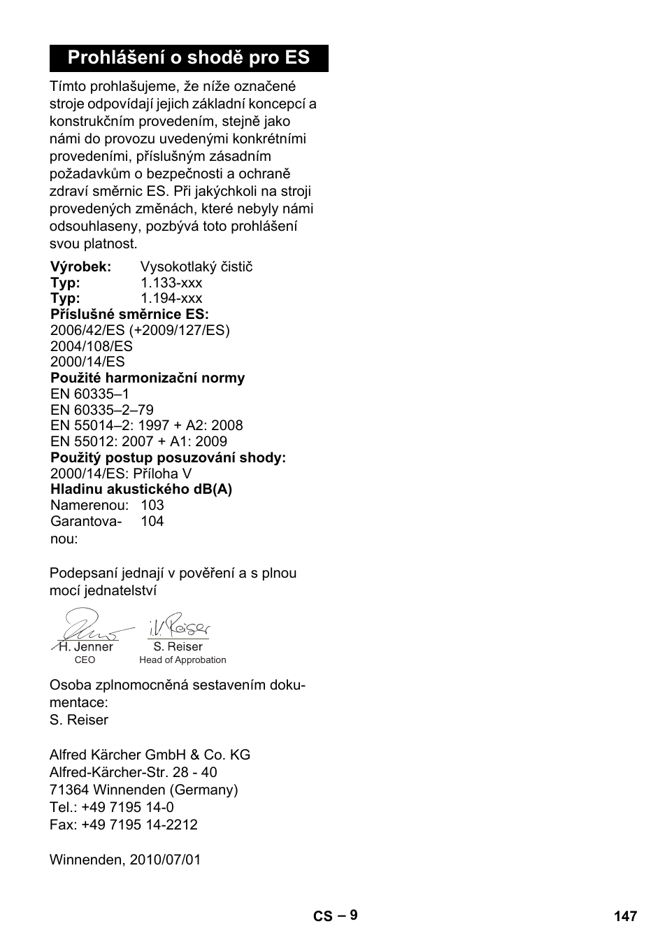 Prohlášení o shodě pro es | Karcher G 7-10 M User Manual | Page 147 / 248