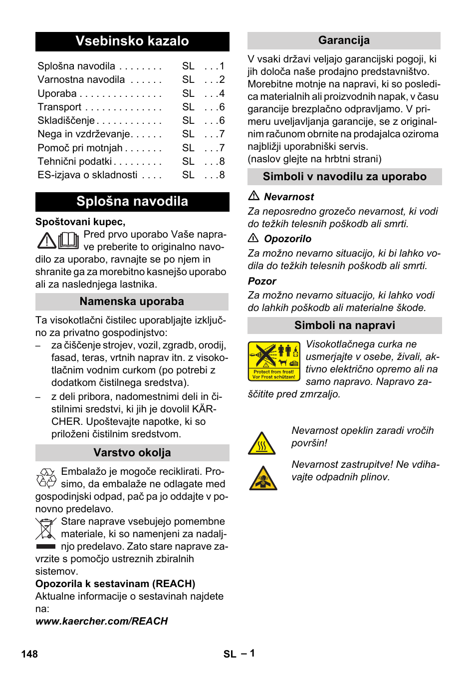 Slovenščina, Slovenšina, Vsebinsko kazalo | Splošna navodila | Karcher G 7-10 M User Manual | Page 148 / 248