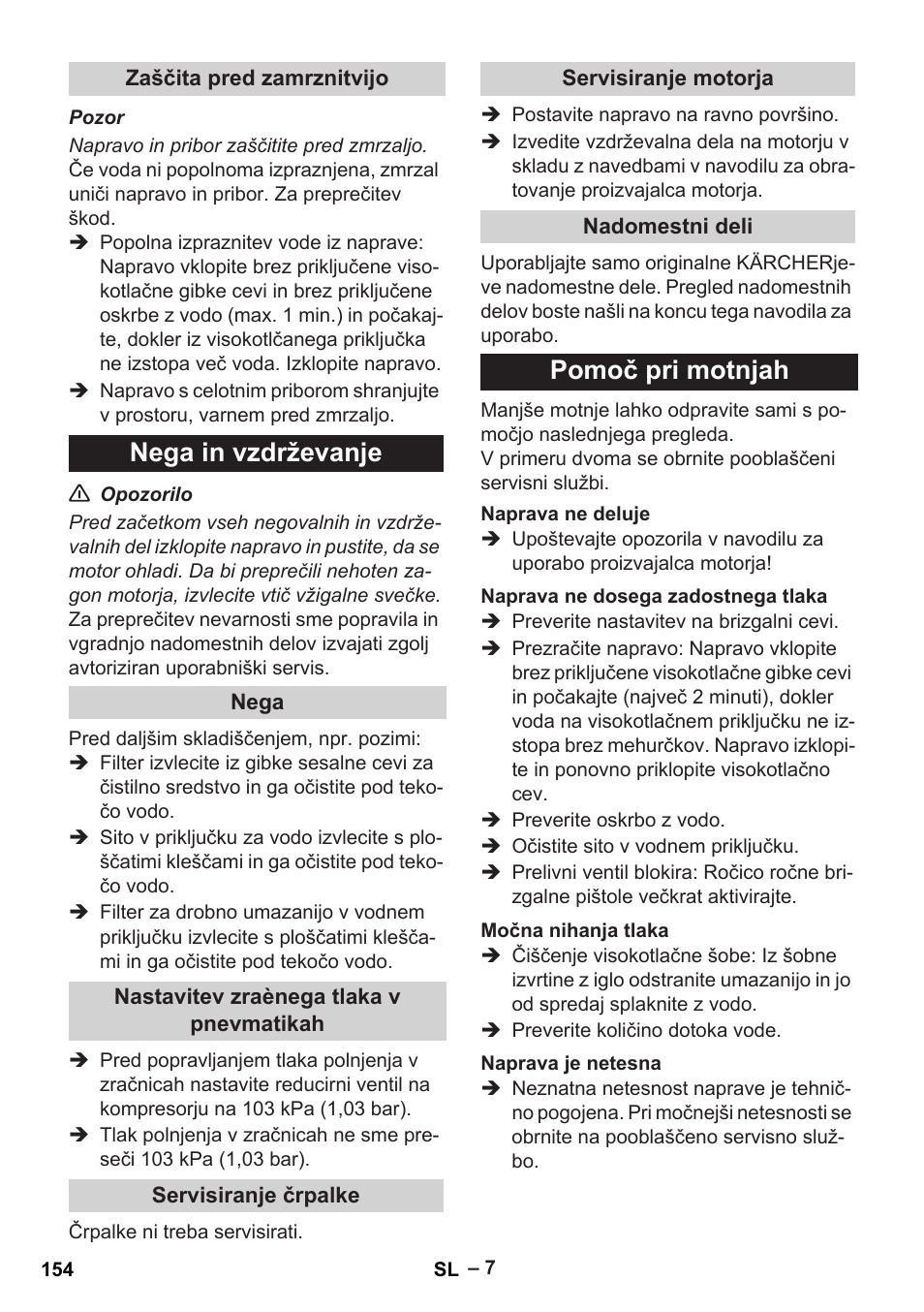 Nega in vzdrževanje, Pomoč pri motnjah | Karcher G 7-10 M User Manual | Page 154 / 248