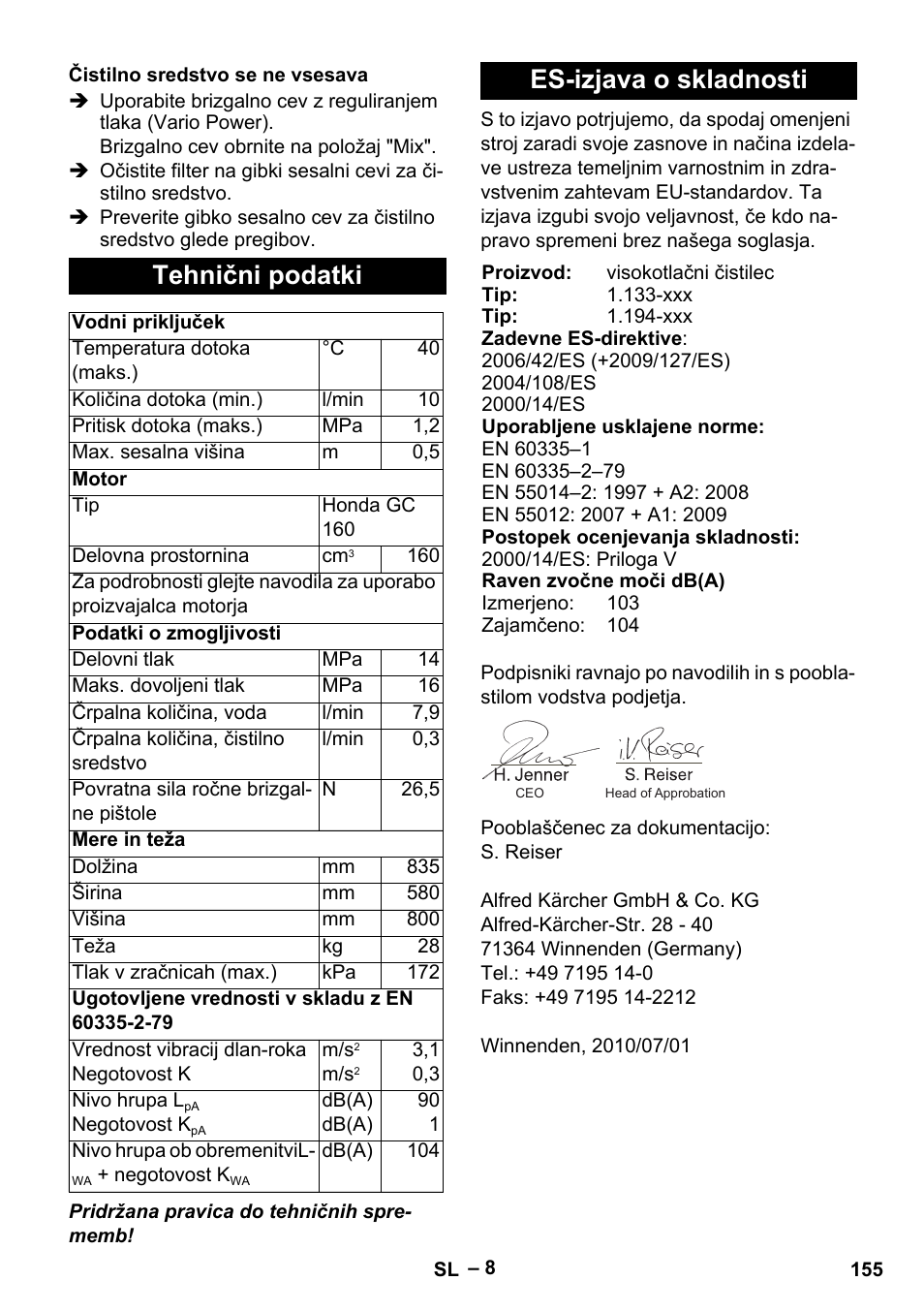Tehnični podatki, Es-izjava o skladnosti | Karcher G 7-10 M User Manual | Page 155 / 248