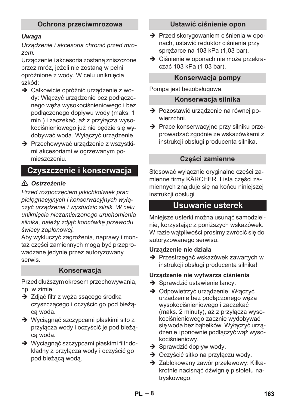 Czyszczenie i konserwacja, Usuwanie usterek | Karcher G 7-10 M User Manual | Page 163 / 248