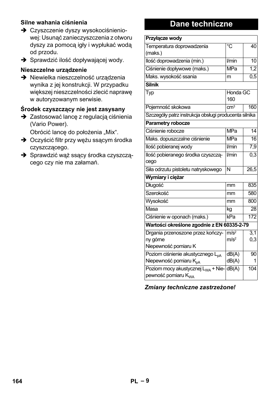 Dane techniczne | Karcher G 7-10 M User Manual | Page 164 / 248