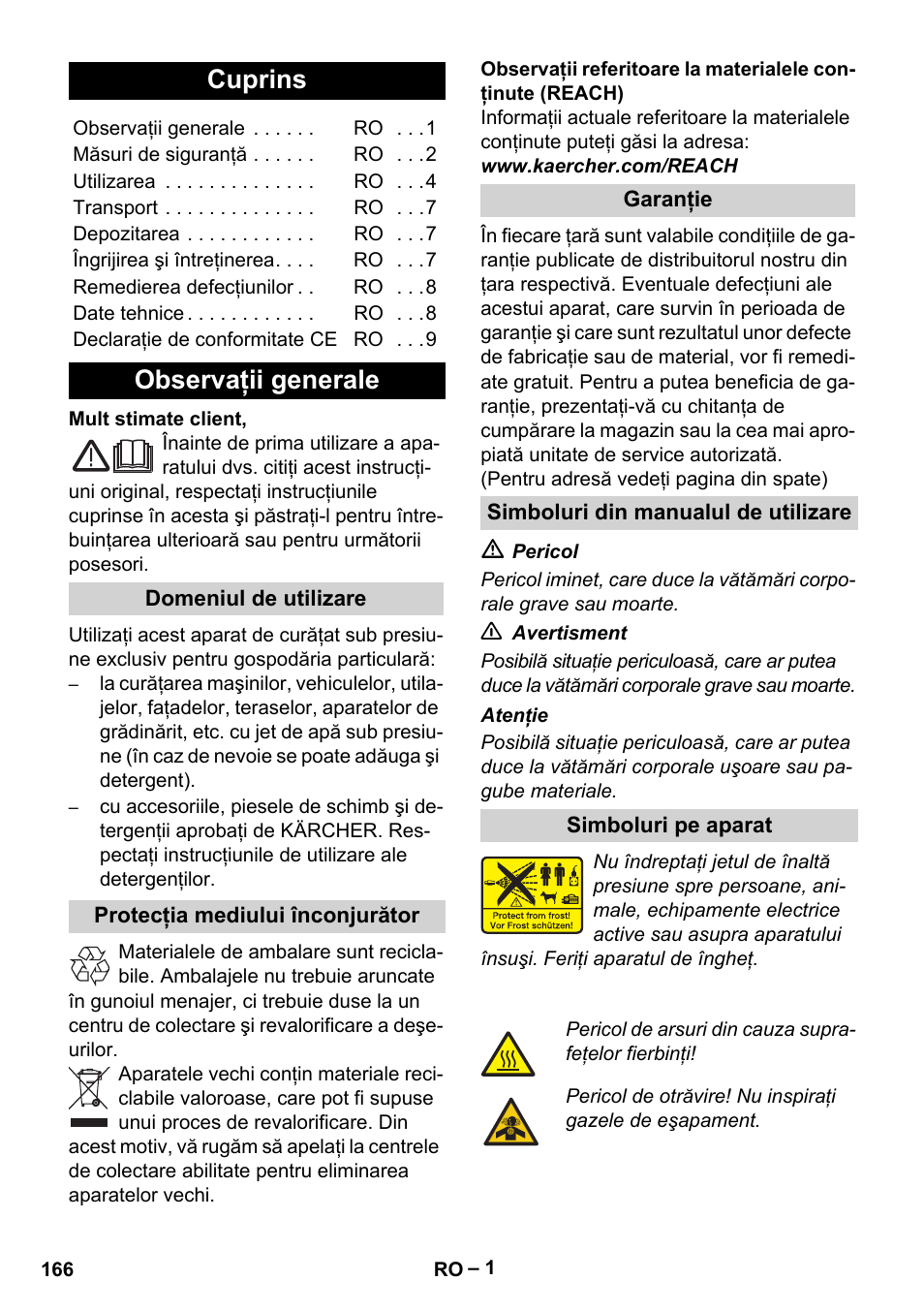 Româneşte, Românete, Cuprins | Observaţii generale | Karcher G 7-10 M User Manual | Page 166 / 248