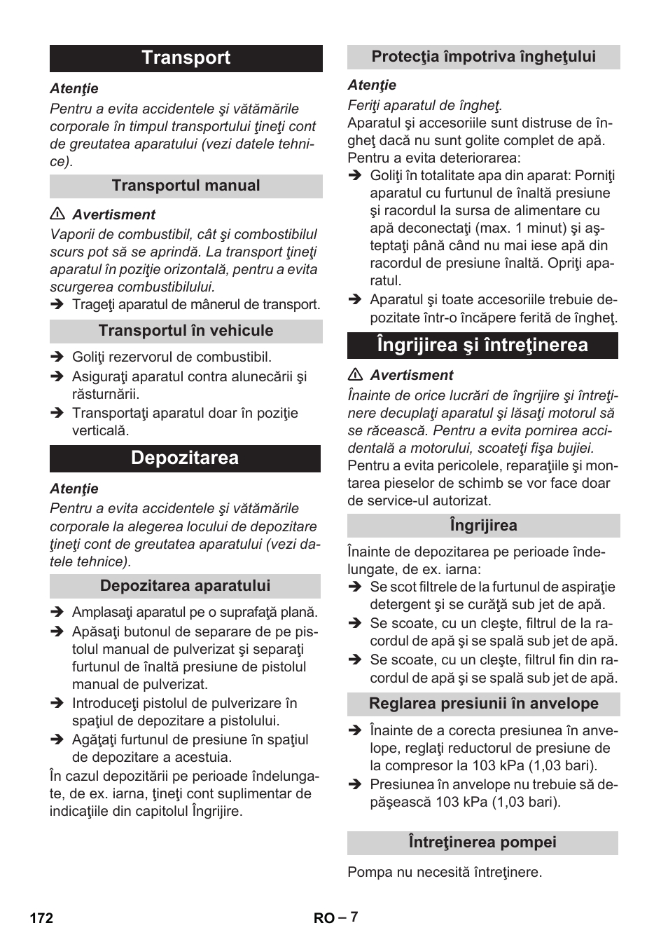 Transport, Depozitarea, Îngrijirea şi întreţinerea | Karcher G 7-10 M User Manual | Page 172 / 248