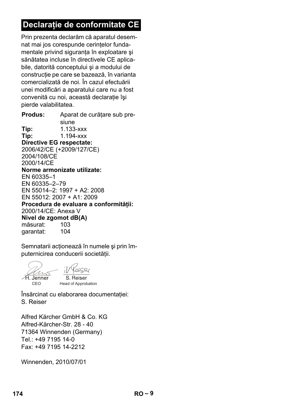 Declaraţie de conformitate ce | Karcher G 7-10 M User Manual | Page 174 / 248