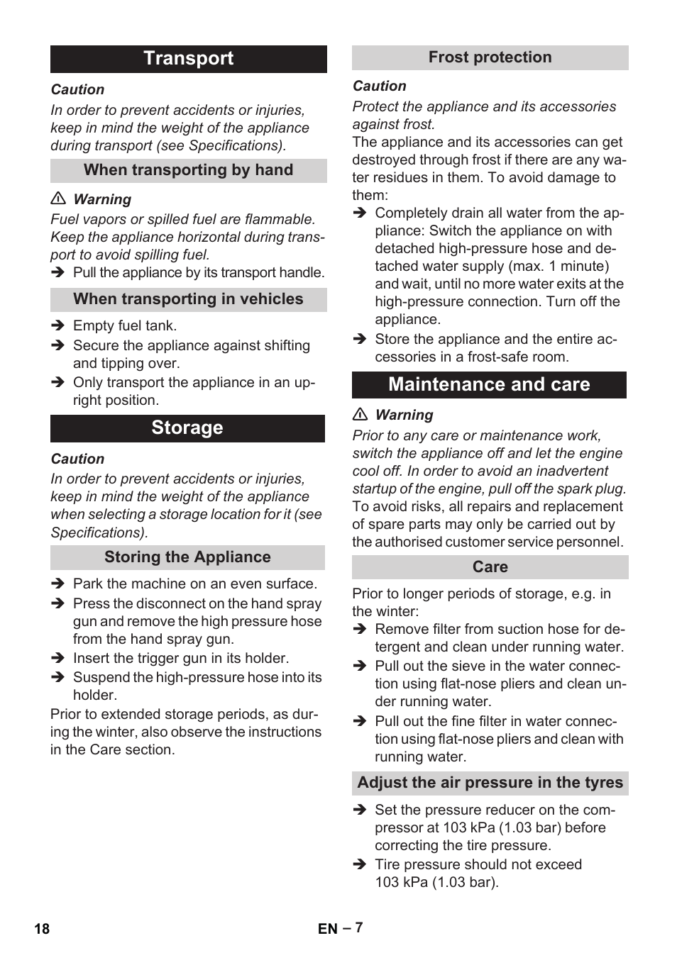 Transport, Storage, Maintenance and care | Karcher G 7-10 M User Manual | Page 18 / 248