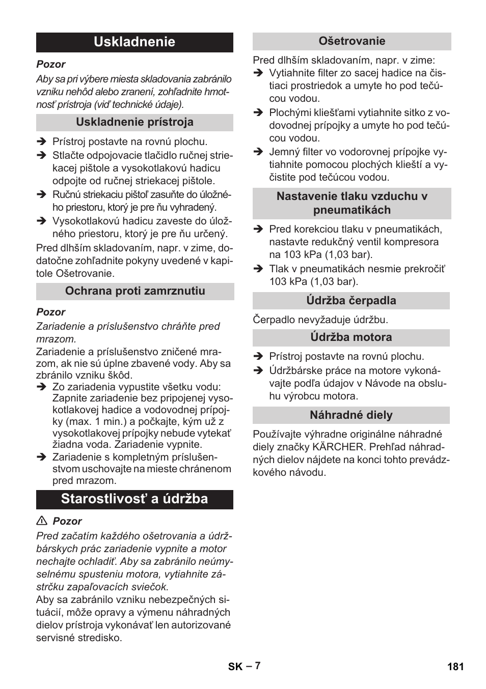Uskladnenie, Starostlivosť a údržba | Karcher G 7-10 M User Manual | Page 181 / 248