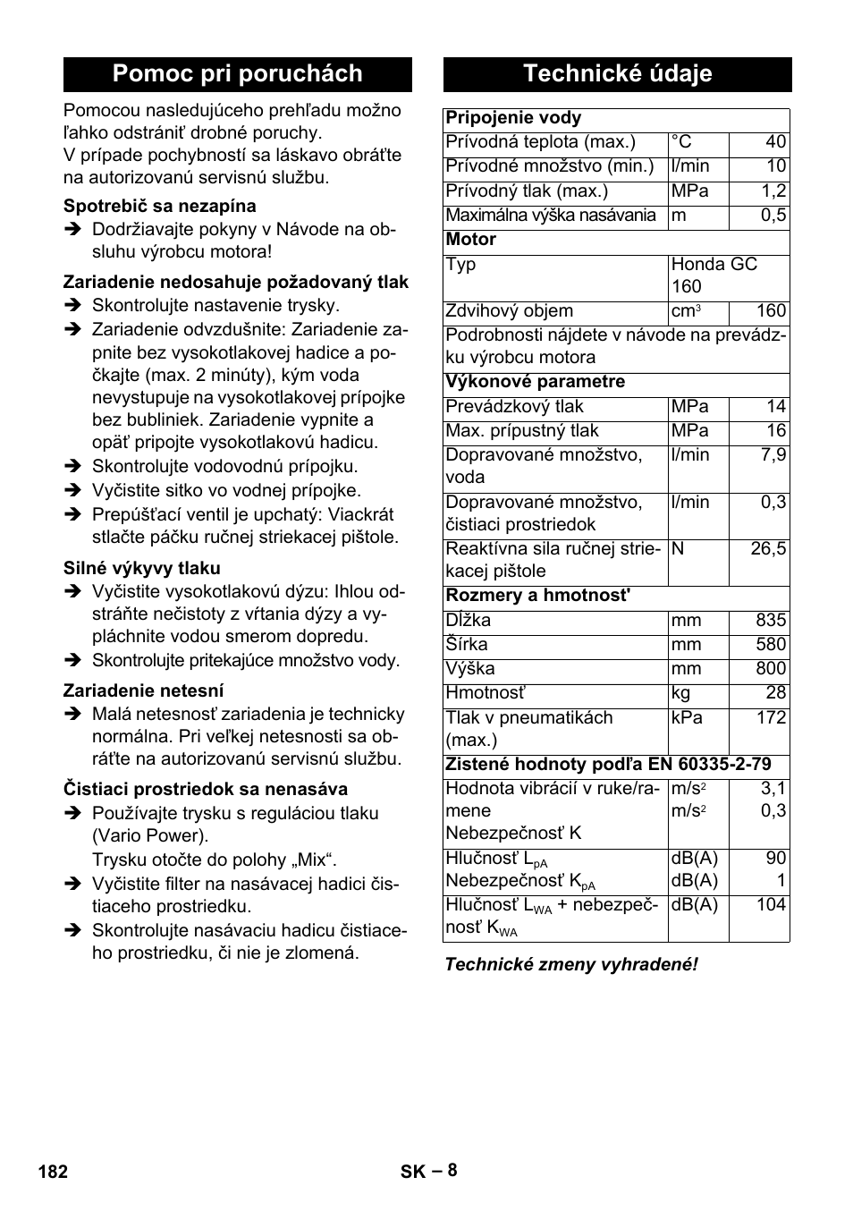 Pomoc pri poruchách, Technické údaje | Karcher G 7-10 M User Manual | Page 182 / 248